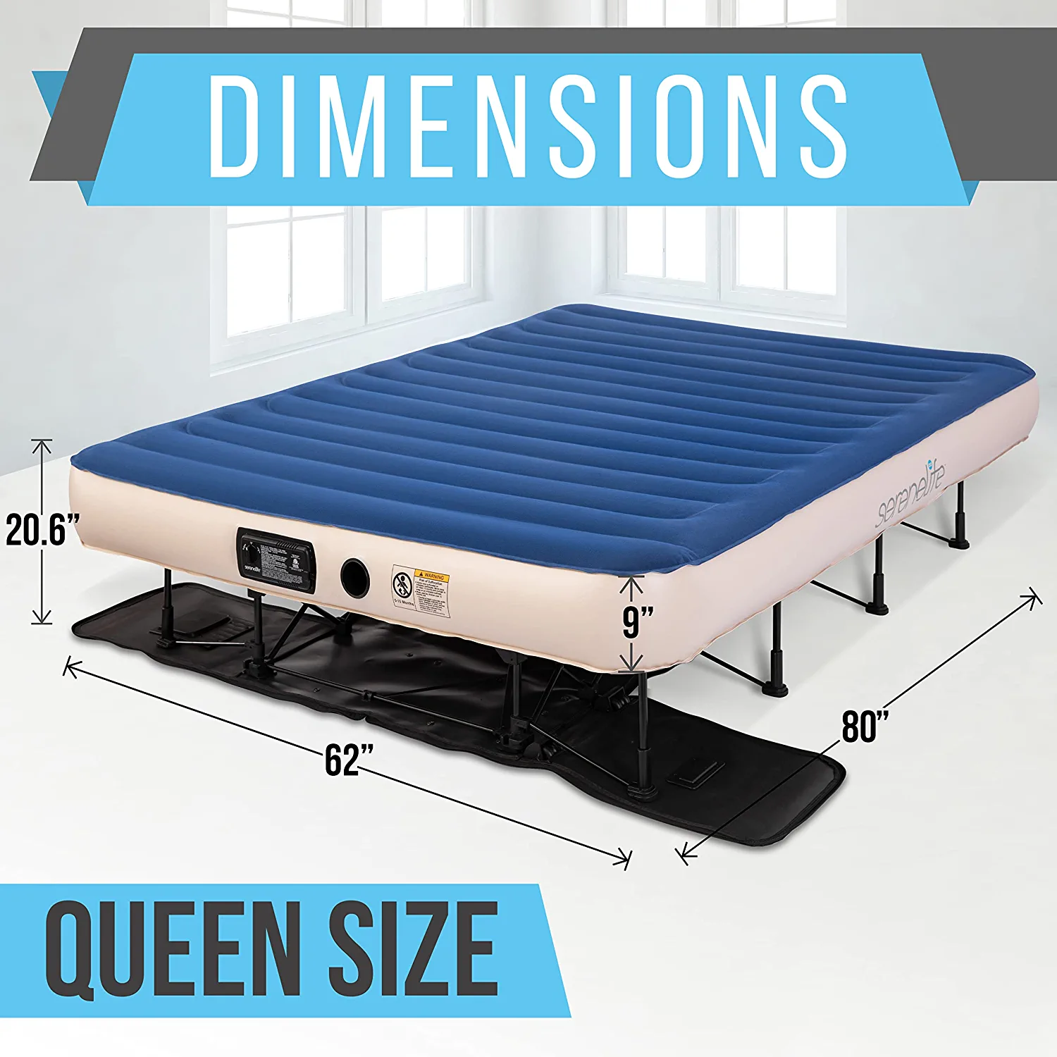 SereneLife EZ Air Mattress W/ Frame & Rolling Case, Foldable Self-Inflating Air Bed W/ Pump, Queen