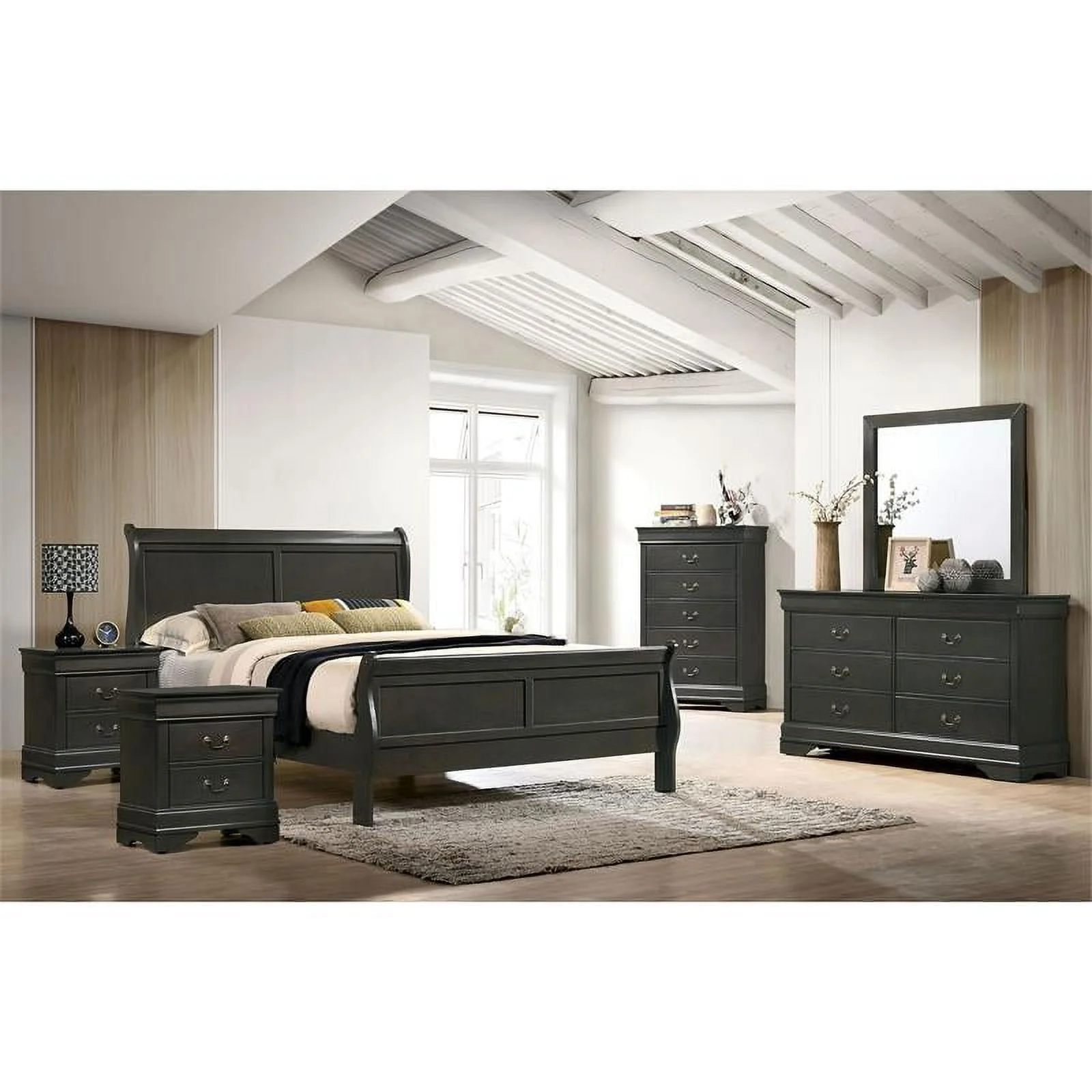 Bowery Hill 6pc Wood Bed Set-King+2 Nightstands+Chest+Dresser+Mirror in Gray