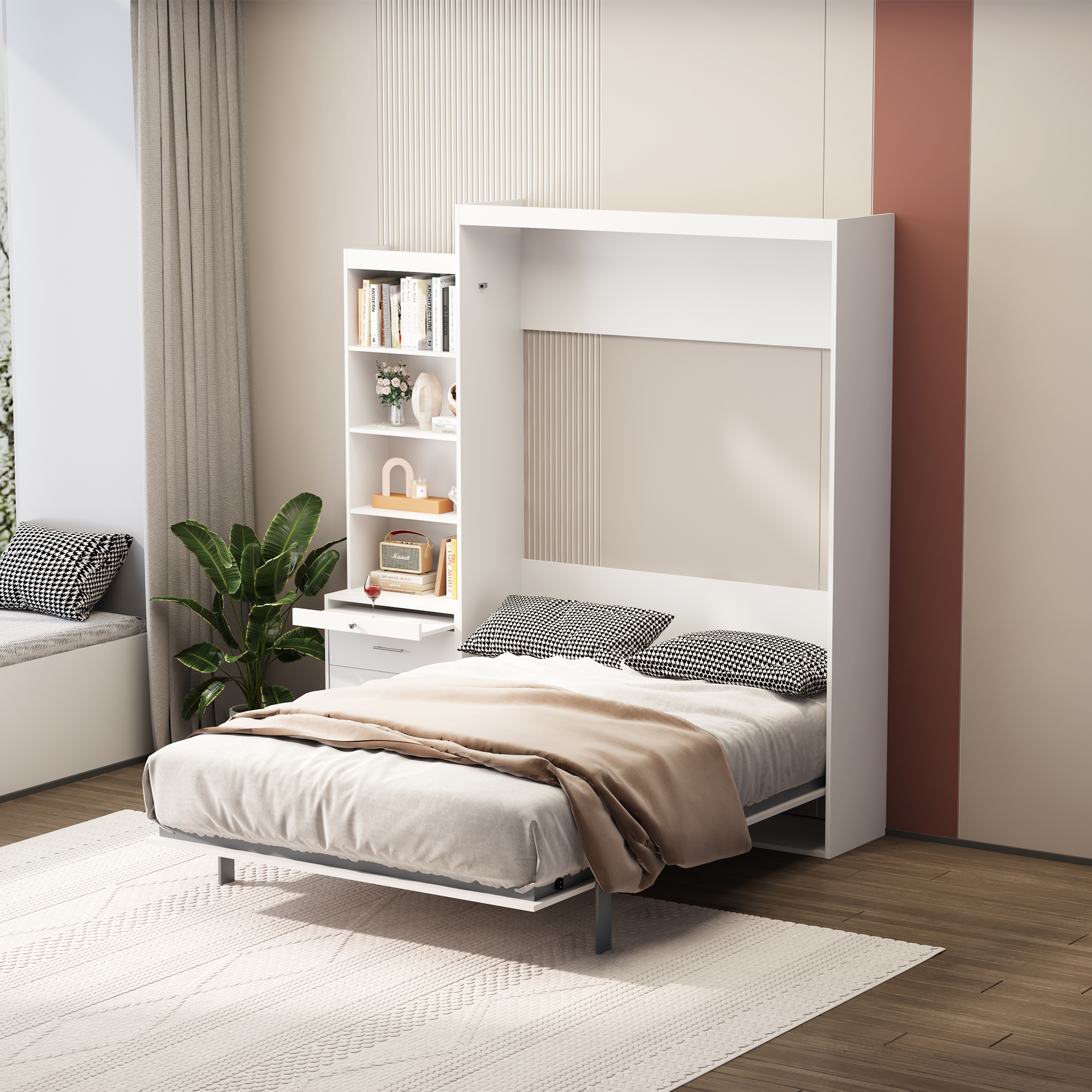 Bellemave Modern Full Size Murphy Bed with Storage Shelf and Drawers for Bedroom or Guestroom,Murphy Chest Bed Space-Saving Folding White Wall Bed with New Style,White