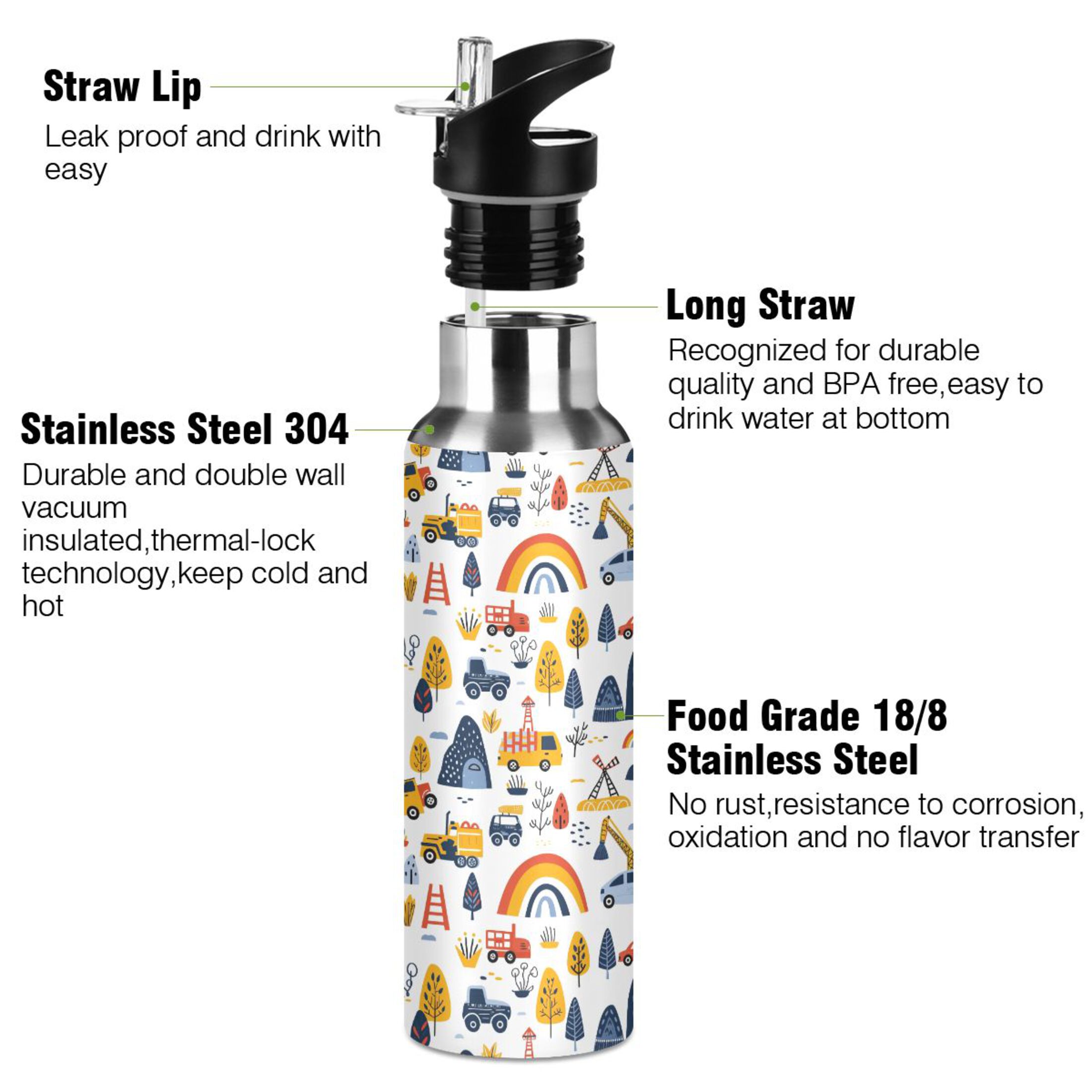 Cartoon Car Engineering Vehicle Water Bottles Insulated Thermos Kids Stainless Steel Bottle with Straw Lid Flask Leakproof for Sports Gym 20 oz