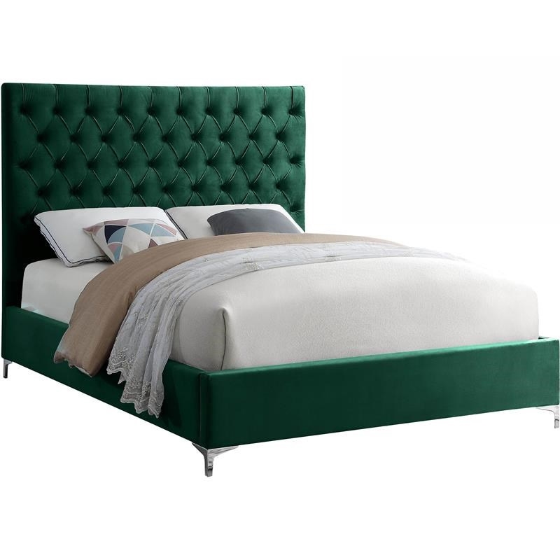 Maklaine Contemporary Solid Wood Tufted Velvet King Bed in Green