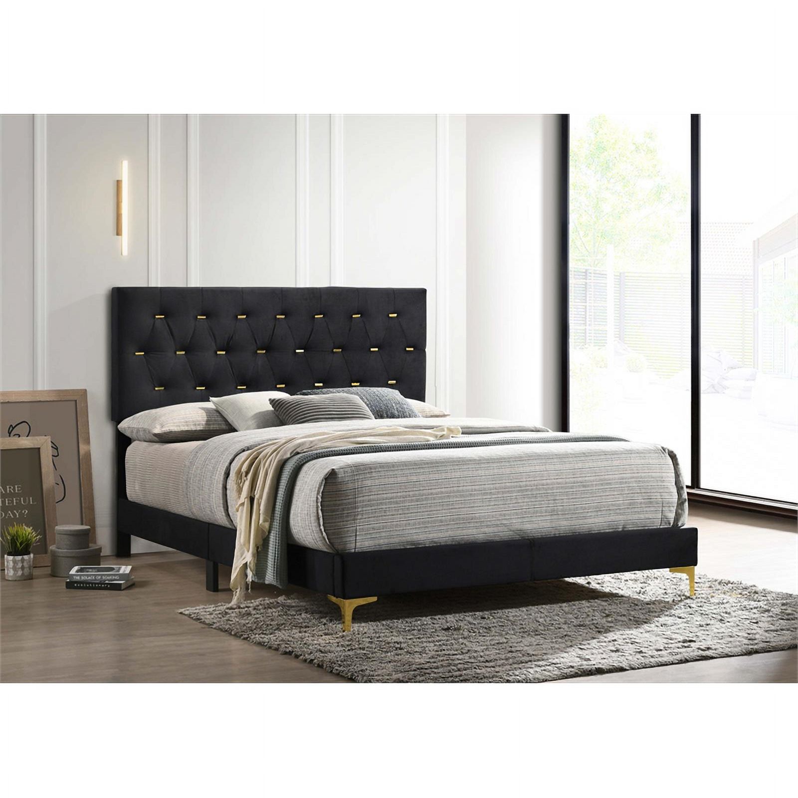 Pemberly Row Tufted Velvet Upholstered Panel Eastern King Bed Black