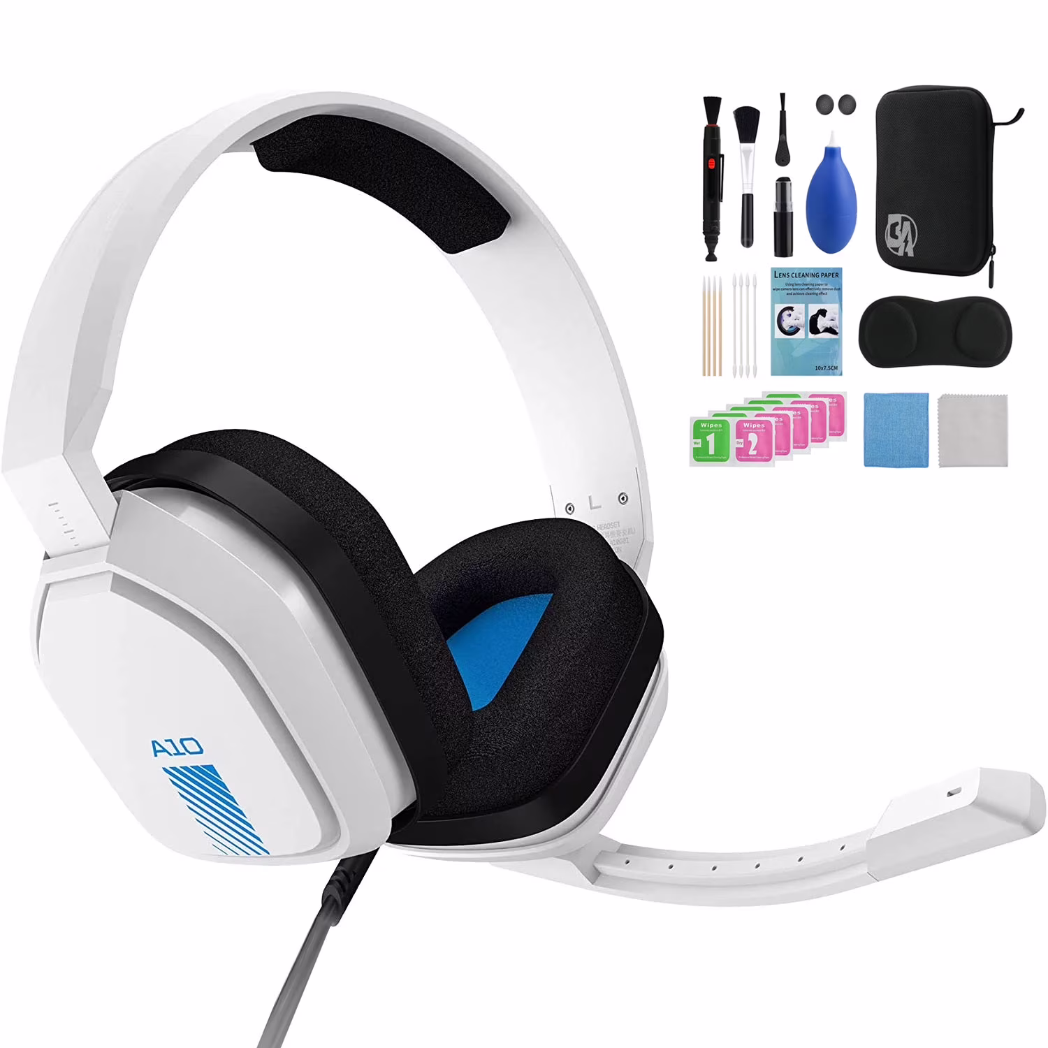 ASTRO Gaming A10 Headset White Blue for Xbox One/Nintendo Switch / PS4 / PC and Mac - Wired With Cleaning Kit Bolt Axtion Bundle Like New