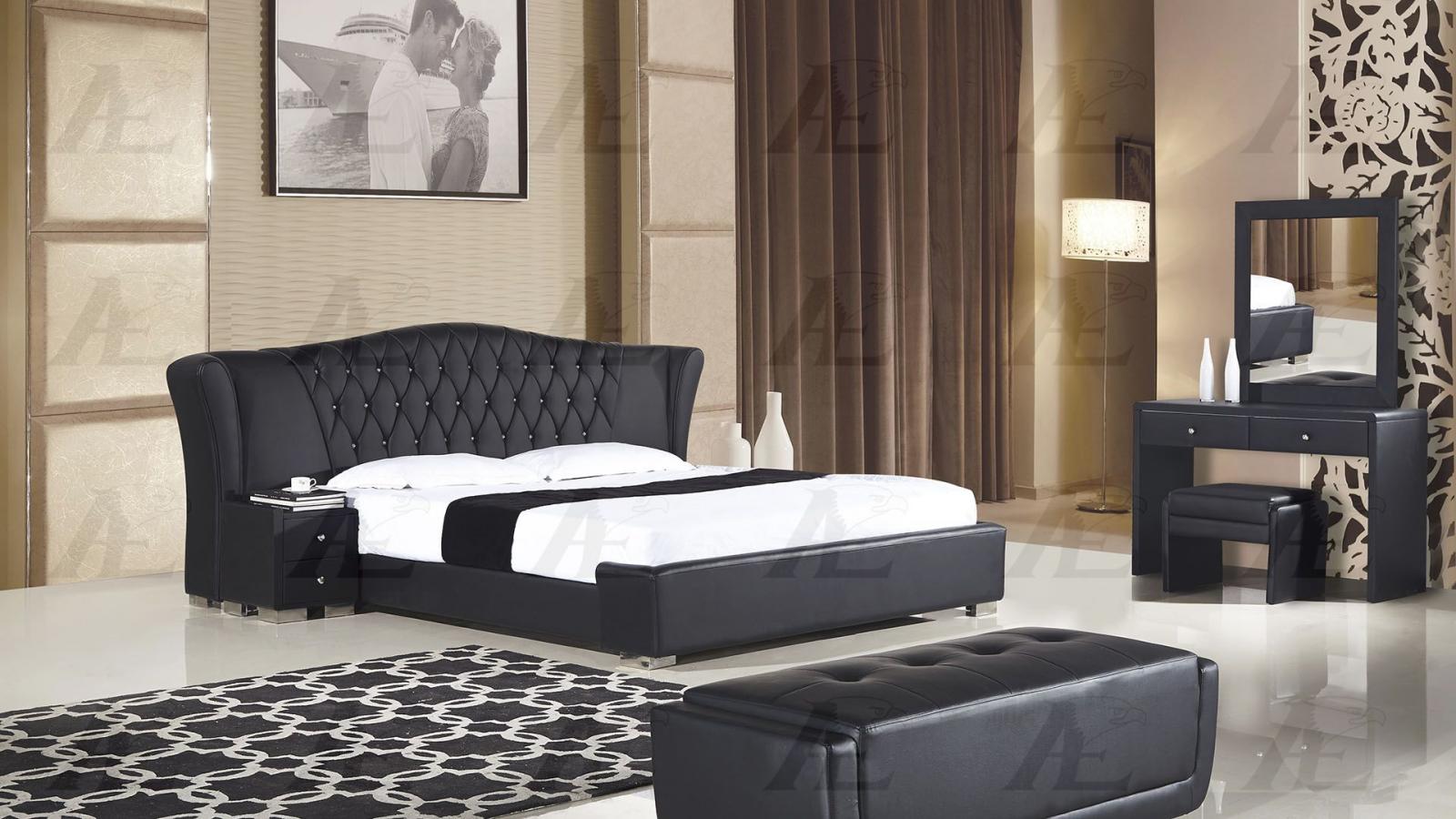 Black PU Queen Size Bed and 2 Nightstands Set 3Pcs American Eagle B-D028