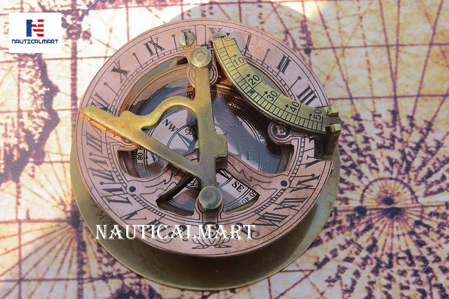NauticalMart Brass Sundial Compass - Pocket Compass -Brass Antiques West London
