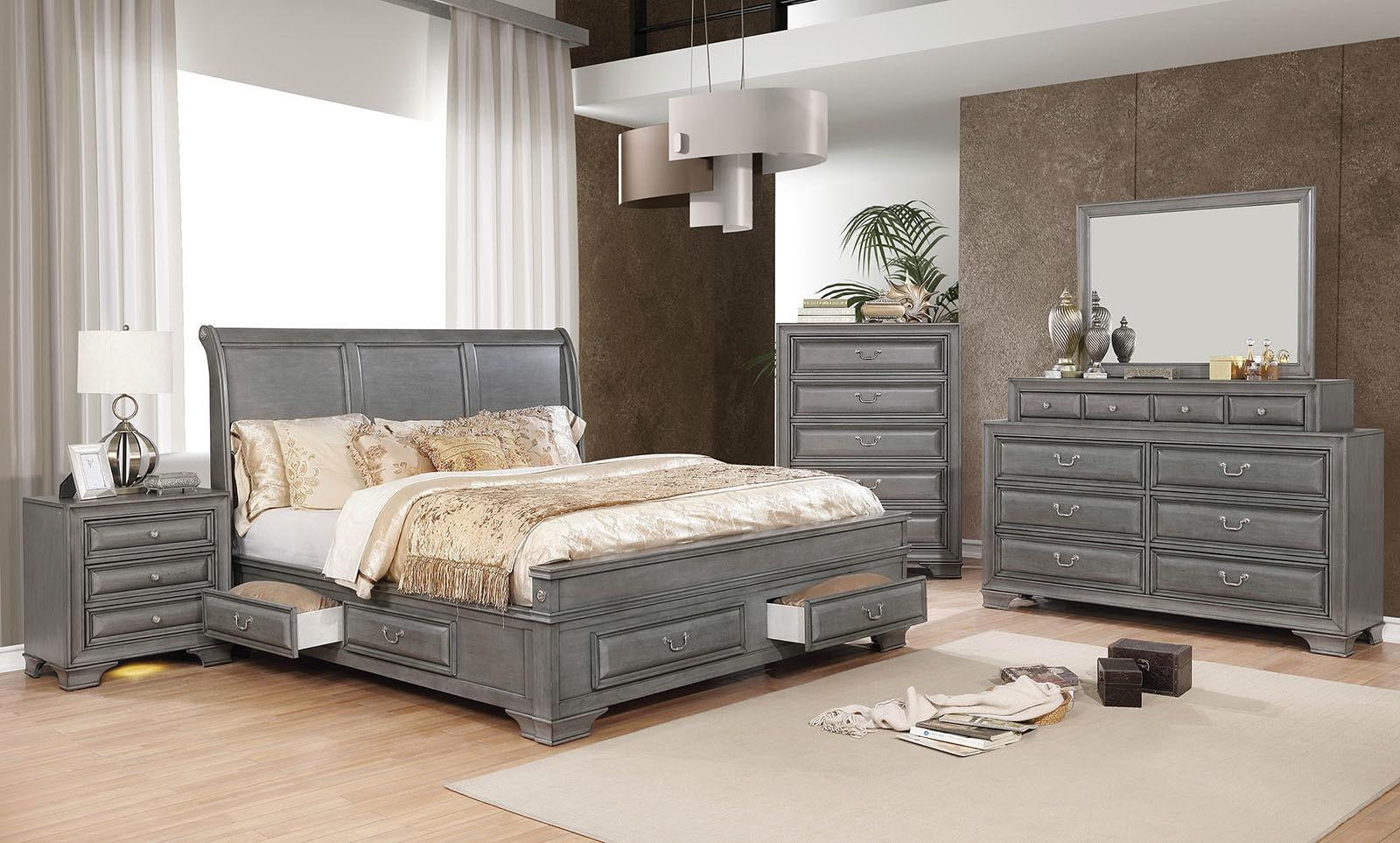 Transitional Gray Solid Wood King Bedroom Set 6pcs FOA CM7302GY Brandt