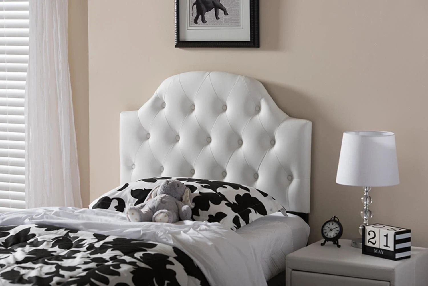 Modern And Contemporary White Faux Leather Upholstered Button-Tufted Scalloped Size Headboard