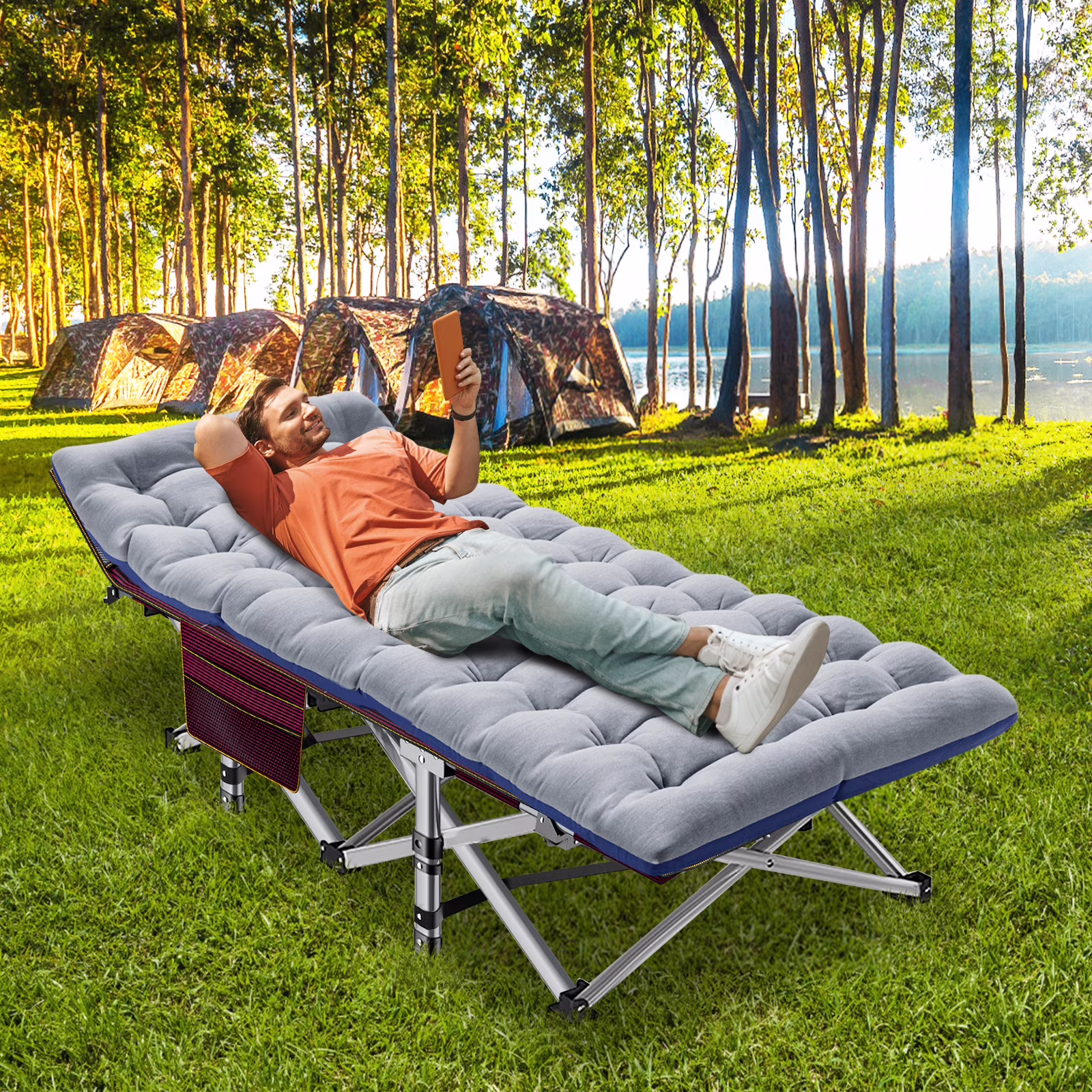 MOPHOTO  Adults Folding Camping Cot, Oxford Folding Cot Portable Outdoor Military Sleeping Bed, Camping Cot with Mattress&Carry Bag, 75