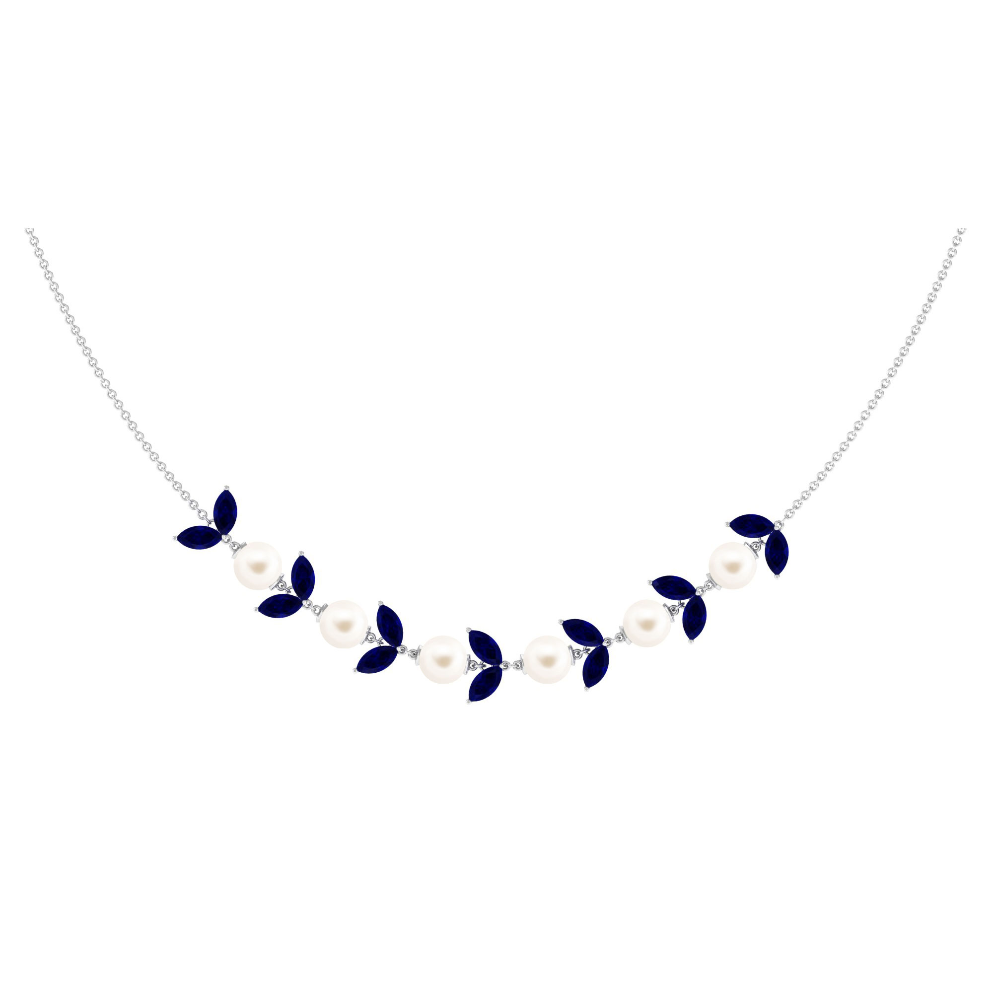 Freshwater Pearl Strand Necklace for Women with Sapphire, AAAA Grade, 925 Sterling Silver