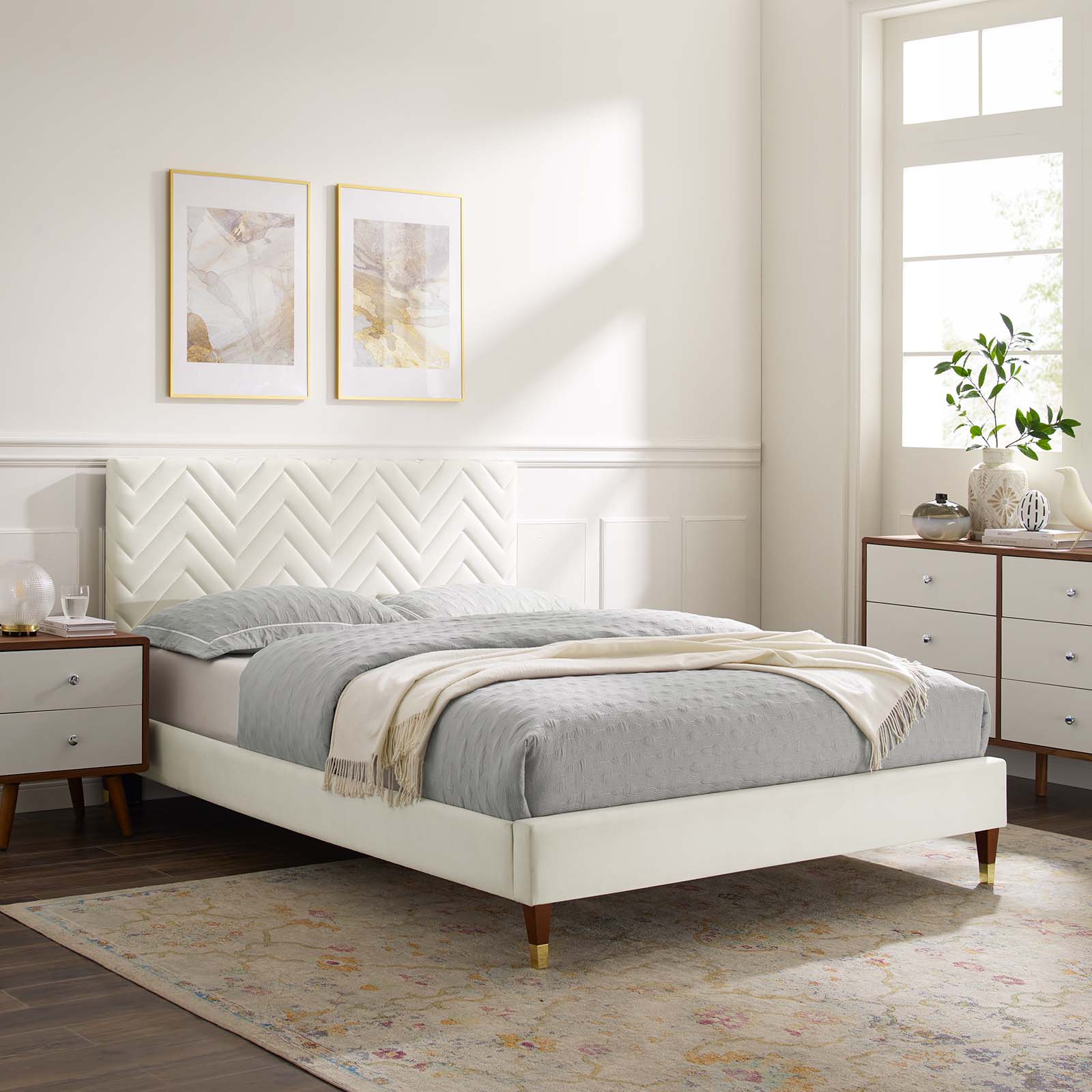 Modway Leah Chevron Tufted Performance Velvet King Platform Bed in White