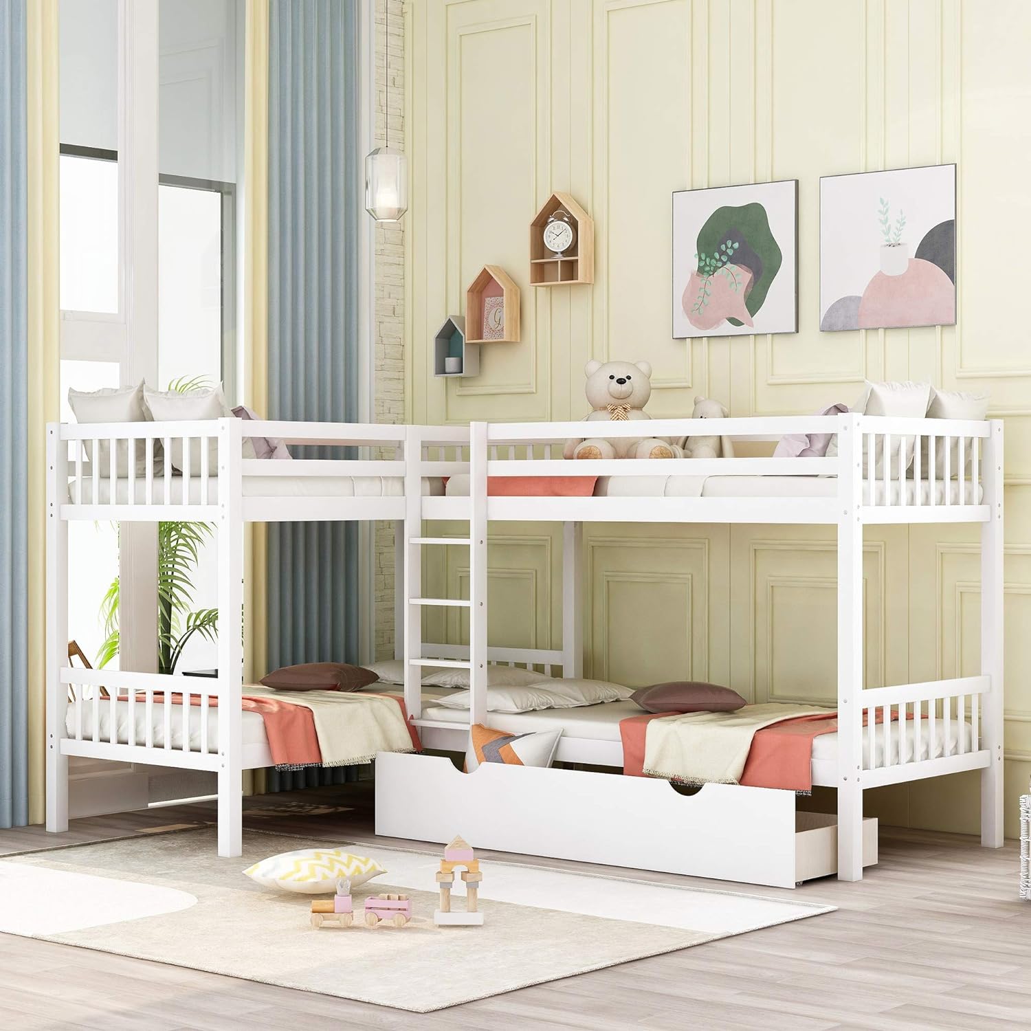 Bunk Bed, Over Bunk Bed With Drawers For Kids/Teens, Wood Platform 4 Bed Frame With Support Slats (White)