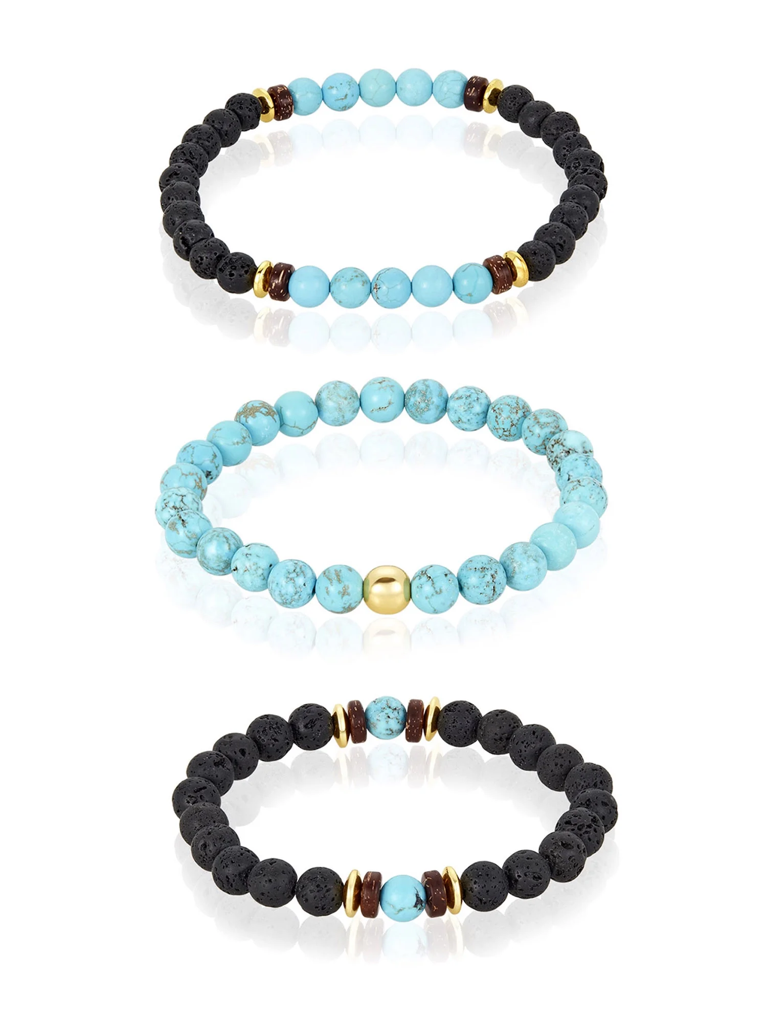Coastal Jewelry Men's Turquoise Stone with Gold Plated Hematite, Lava and Wood Beaded Stretch Bracelet Set of 3
