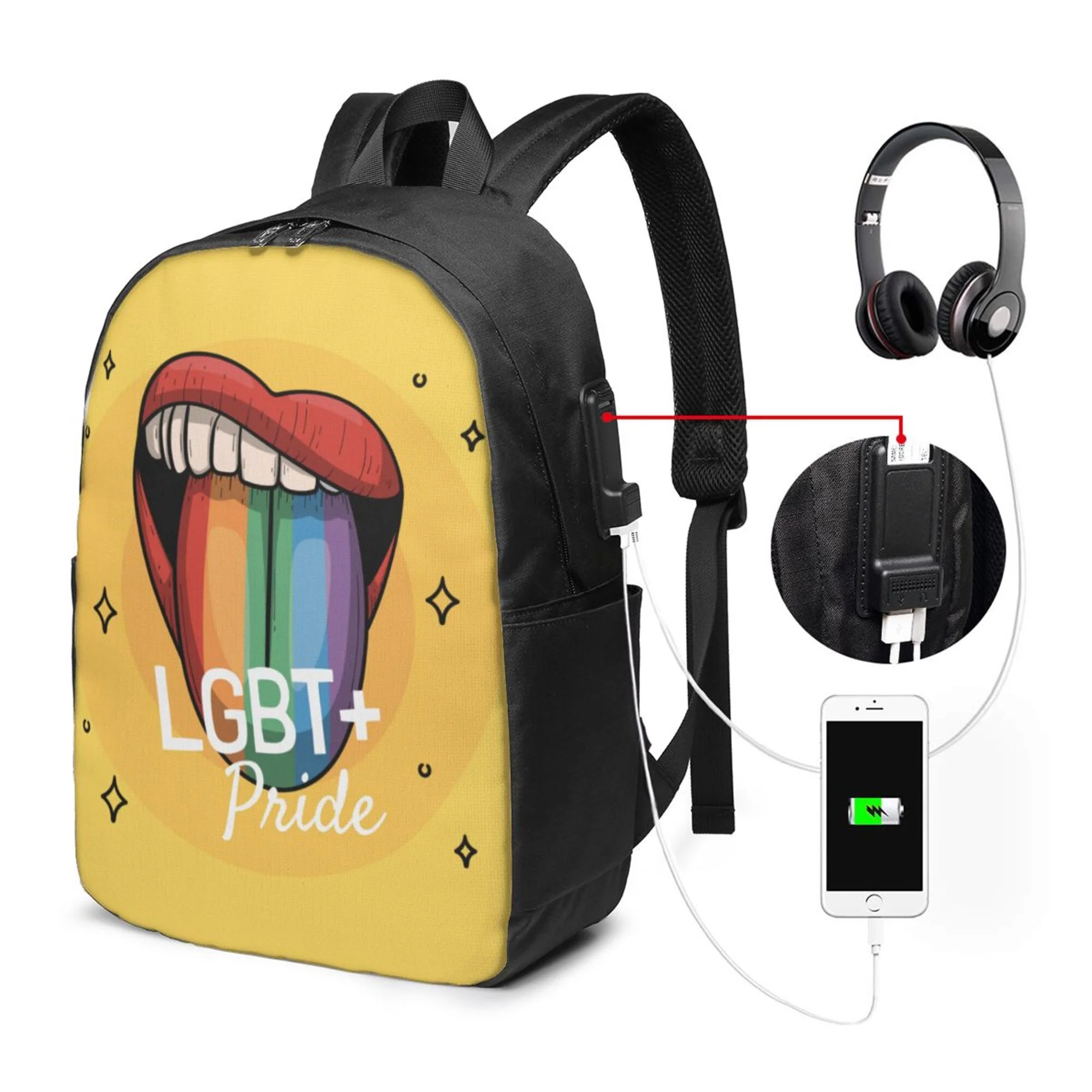 TEQUAN Travel Laptop Backpack, Rainbow Lips Lgbt Pride Prints Outdoor Hiking Bag School Bookbag Casual Lightweight Daypack