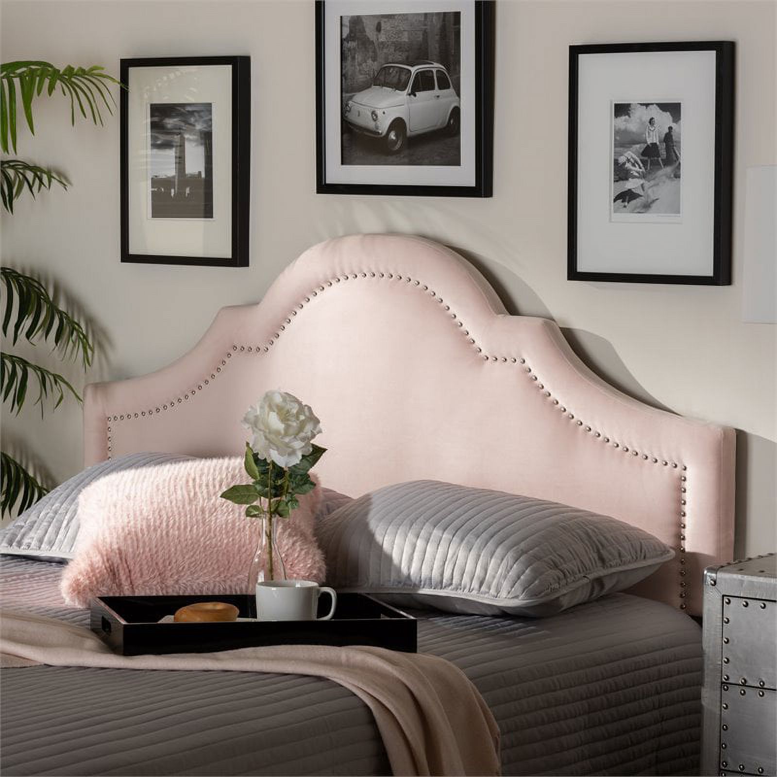 Bowery Hill Modern Velvet/Wood Full Headboard with Adjustable Legs in Pink