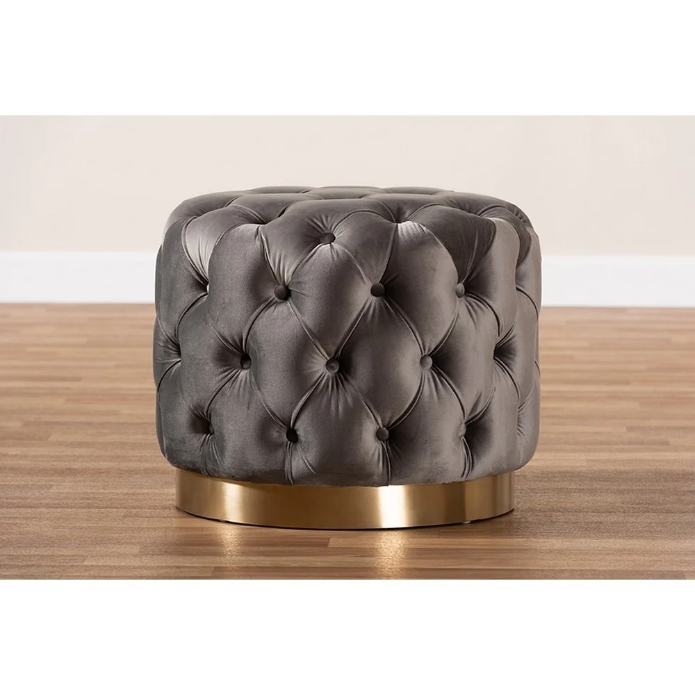 Baxton Studio Valeria Glam Gray Velvet Fabric Upholstered Gold-Finished Button Tufted Ottoman
