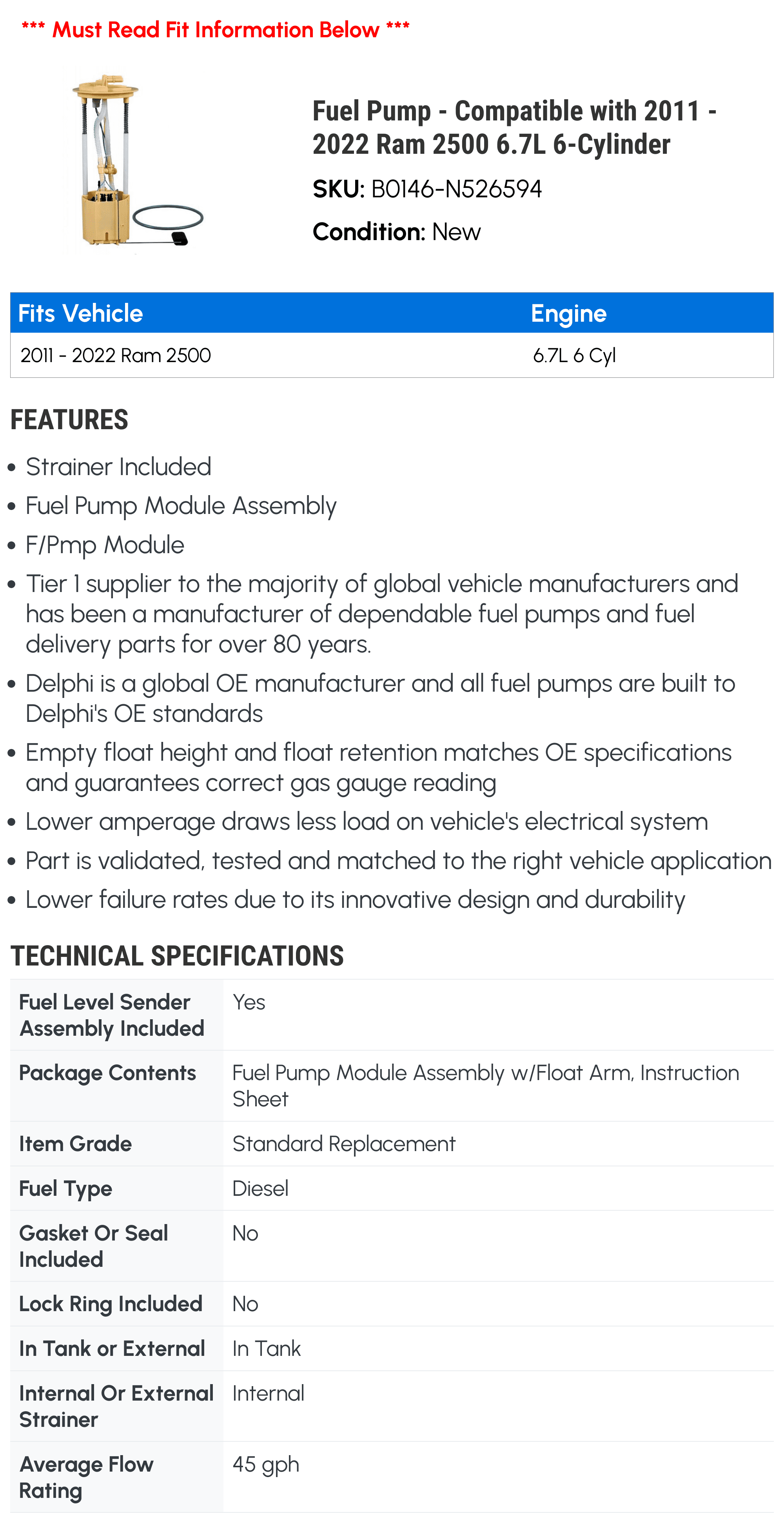 Fuel Pump - Compatible with 2011 - 2022 Ram 2500 6.7L 6-Cylinder 2012 2013 2014 2015 2016 2017 2018 2019 2020 2021