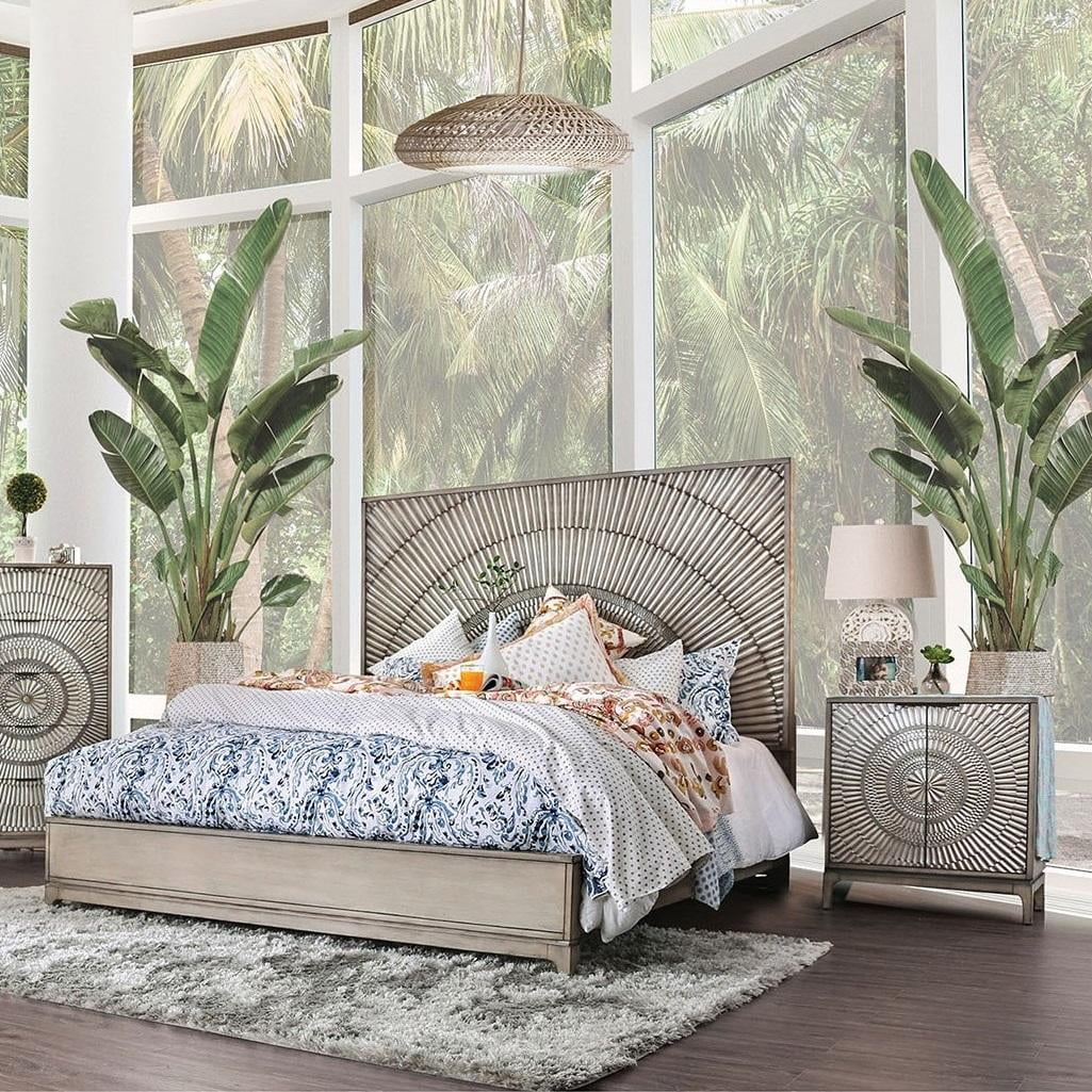 Transitional Antique Gray Solid Wood King Bedroom Set 3pcs FOA CM7521 Kamalah