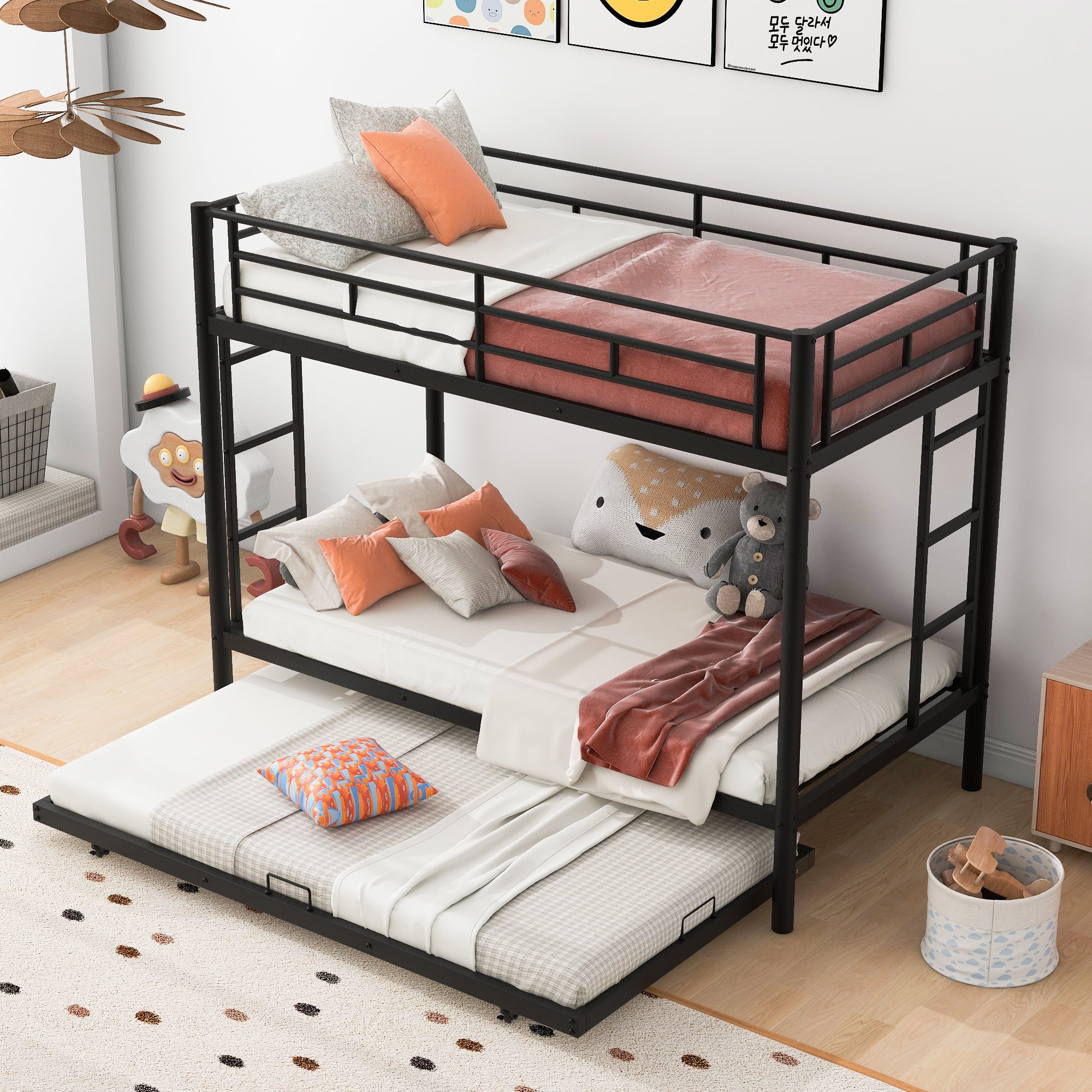 Twin over Twin Bunk Bed with Trundle, Black