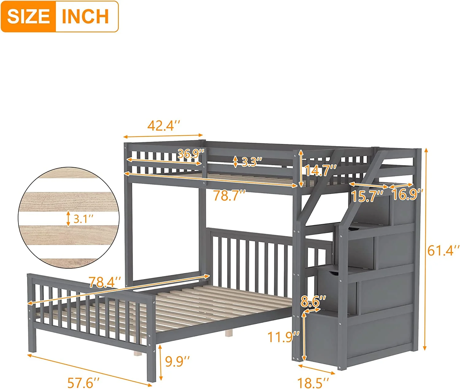 Bunk Beds Over Full With Storage Stairs, Wooden L-Shape Loft Bunk Beds Can Removable Bottom Bed, No Box Spring Needed (Grey)