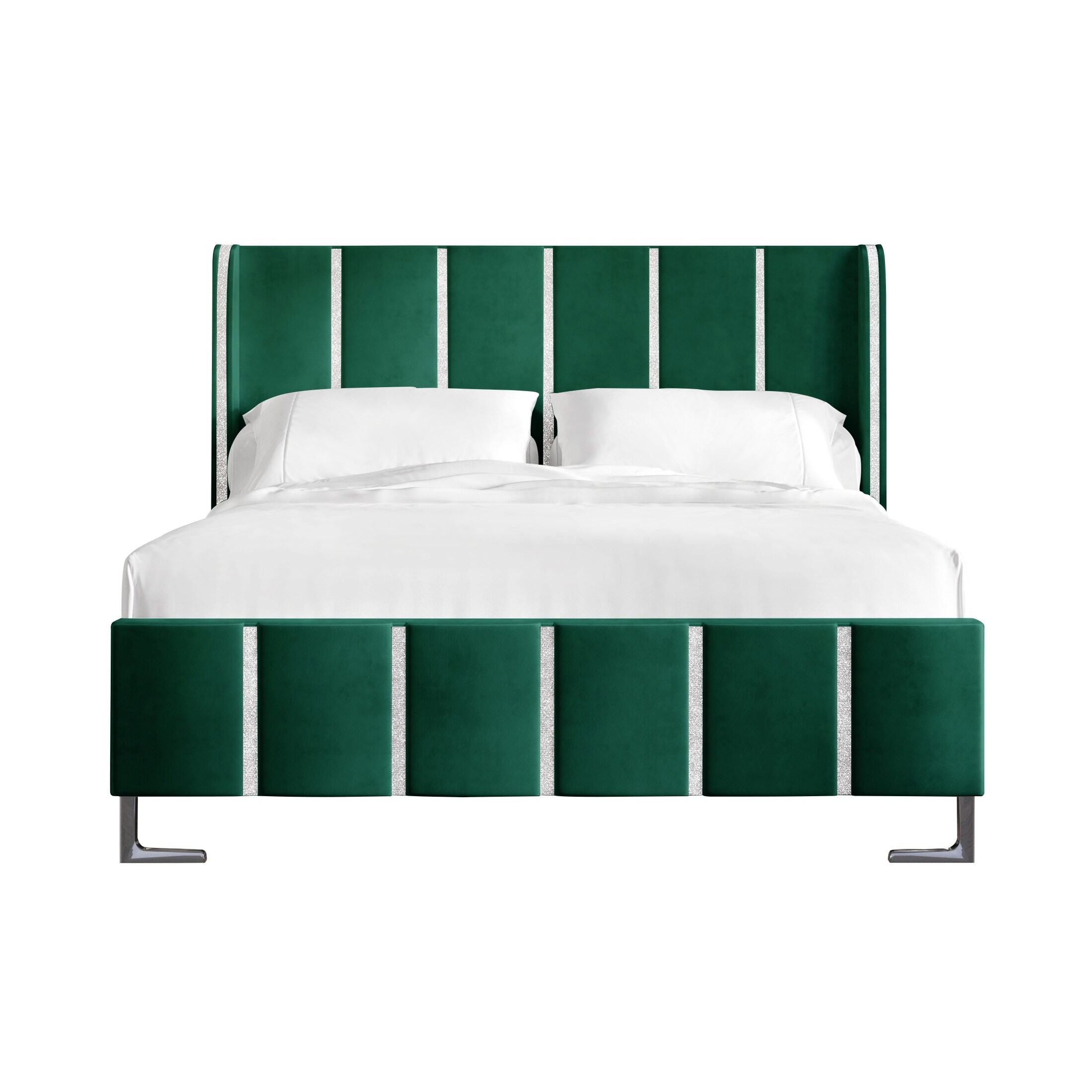 CraftPorch  Luxurious Crystal Diamond Strip Velvet Upholstered Bed Green - King