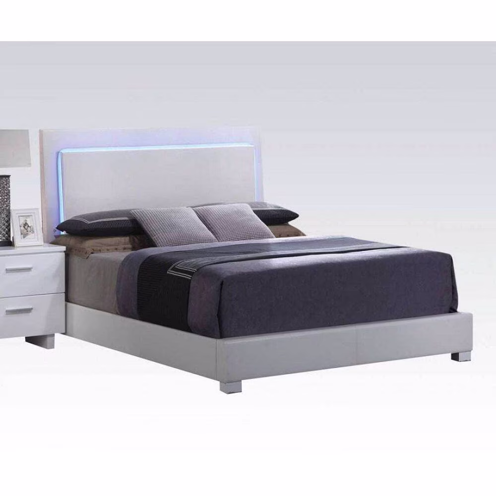 CoSoTower Queen Bed in White PU & Chrome Leg
