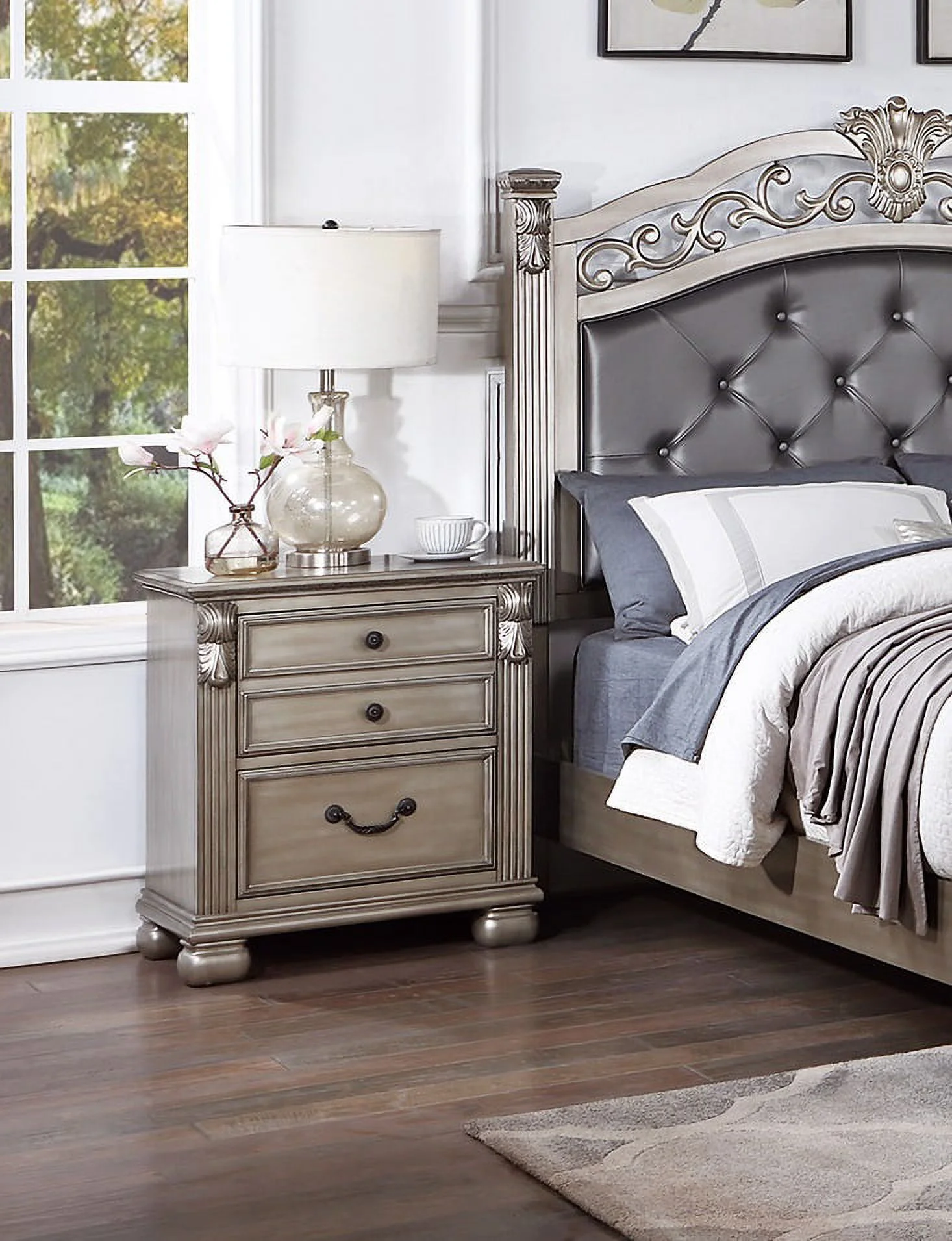 Bedroom Transitional Formal Queen Bed Posts HB FB 4pc Set Dresser Mirror Nightstand Wooden Furniture