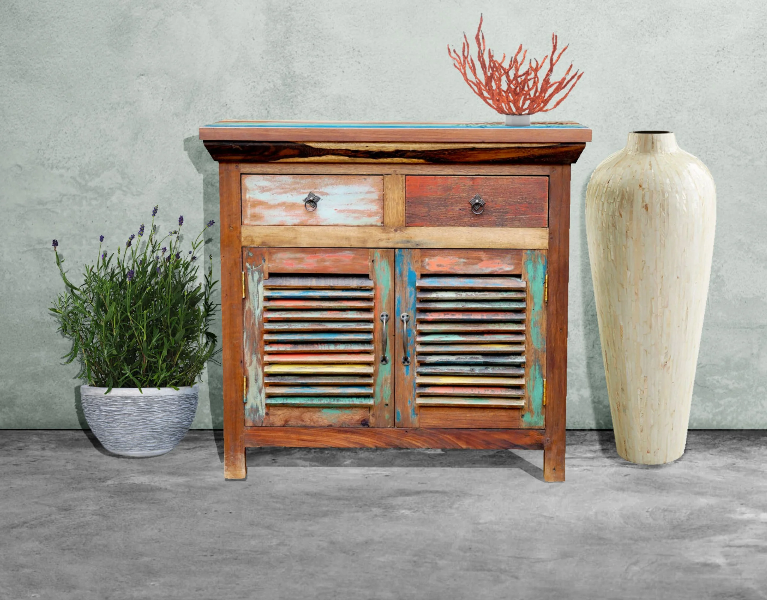 Marina del Rey Chest with 2 Slatted Doors, 2 Drawers made from Recycled Teak Wood Boats