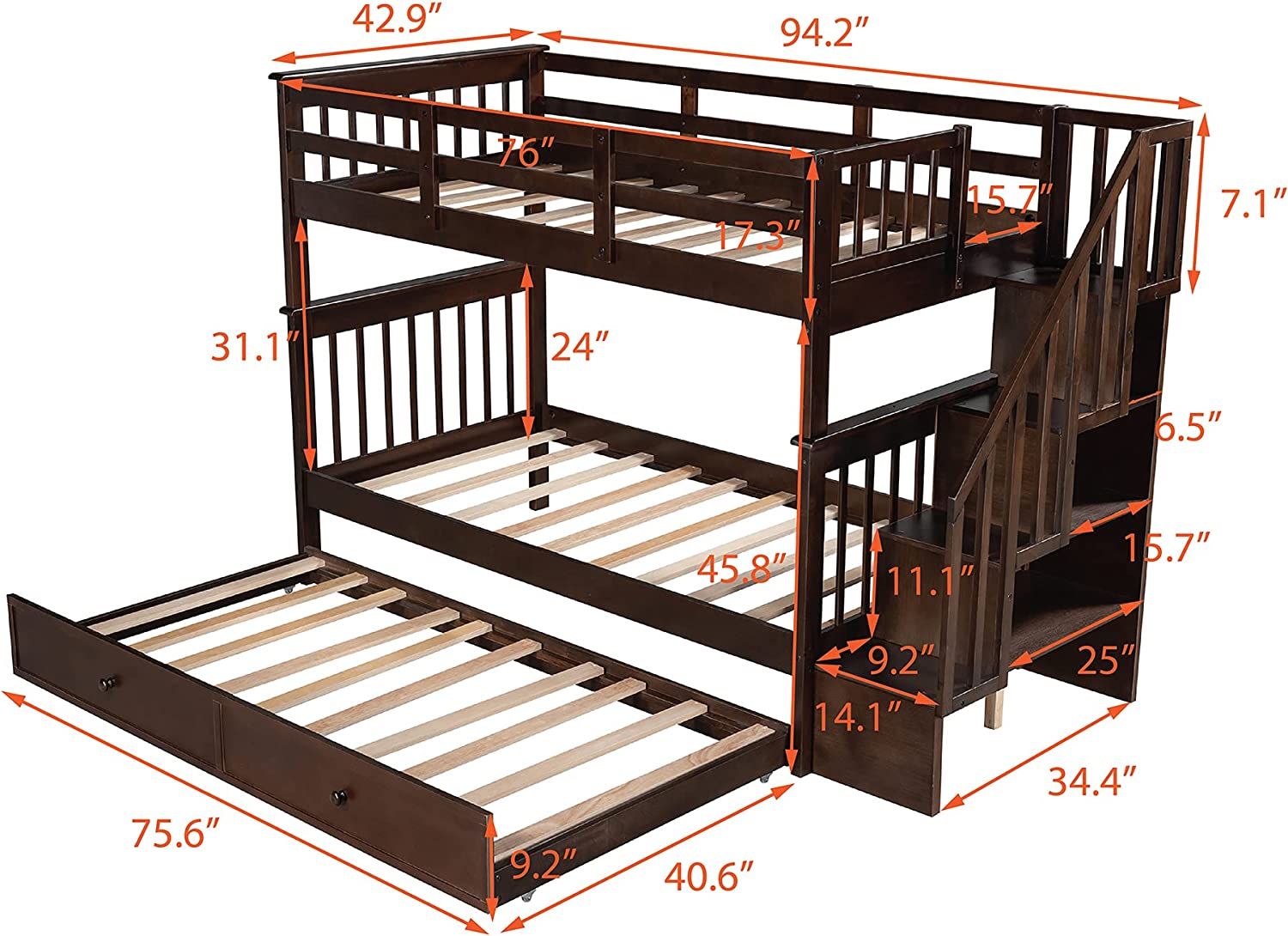 Over Bunk Bed With Stairs And Trundle, Solid Wood Stairway Bunk Bed Frame With Storage, For Kids Teens Adults – Espresso