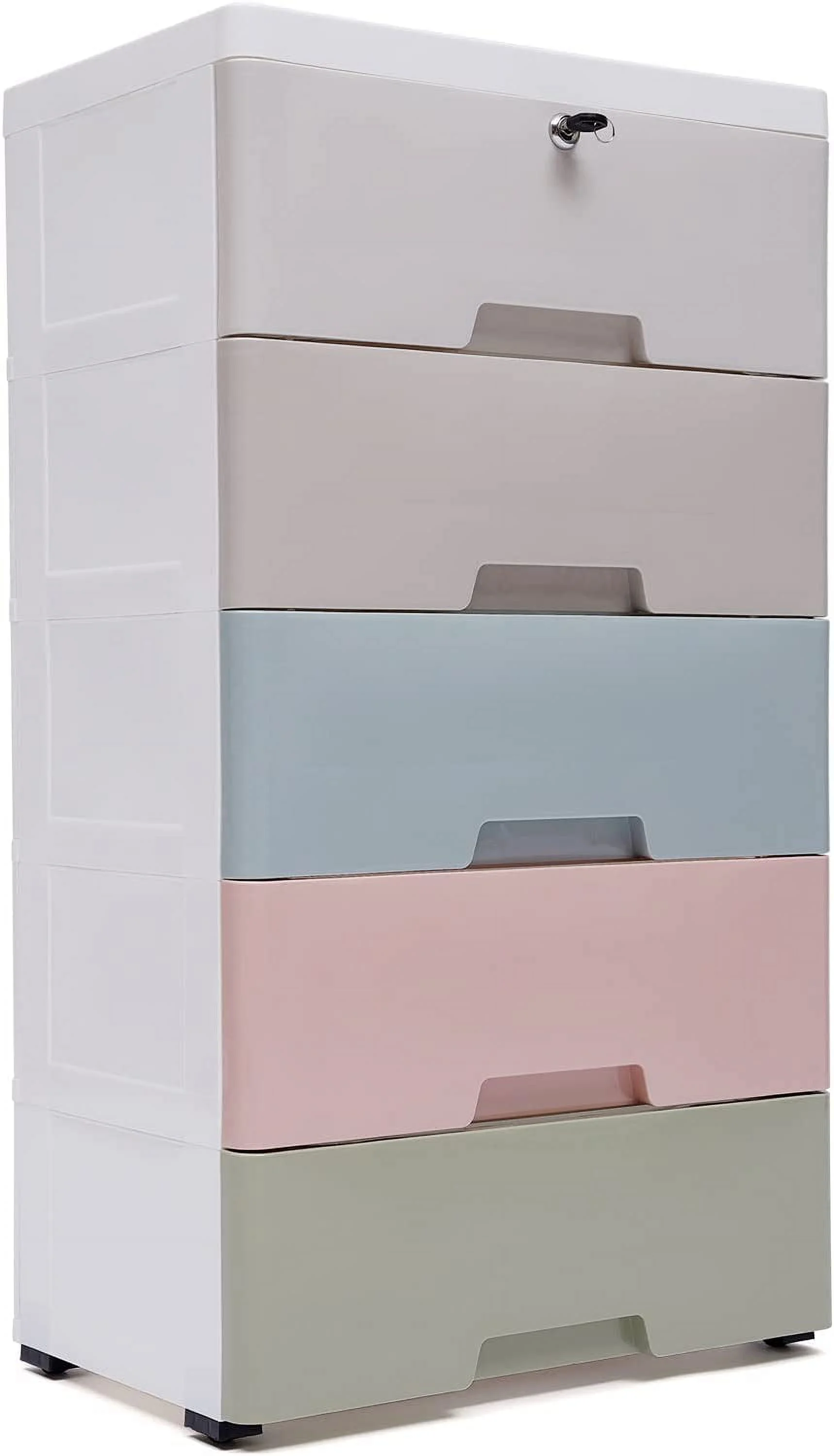 MONIPA 5 Drawers Plastic Drawers Dresser Storage Cabinet Tall Dresser Organizer, Vertical Clothes Storage Tower for Clothes, Toys, Playroom, Bedroom Furniture (Macaron with lock)