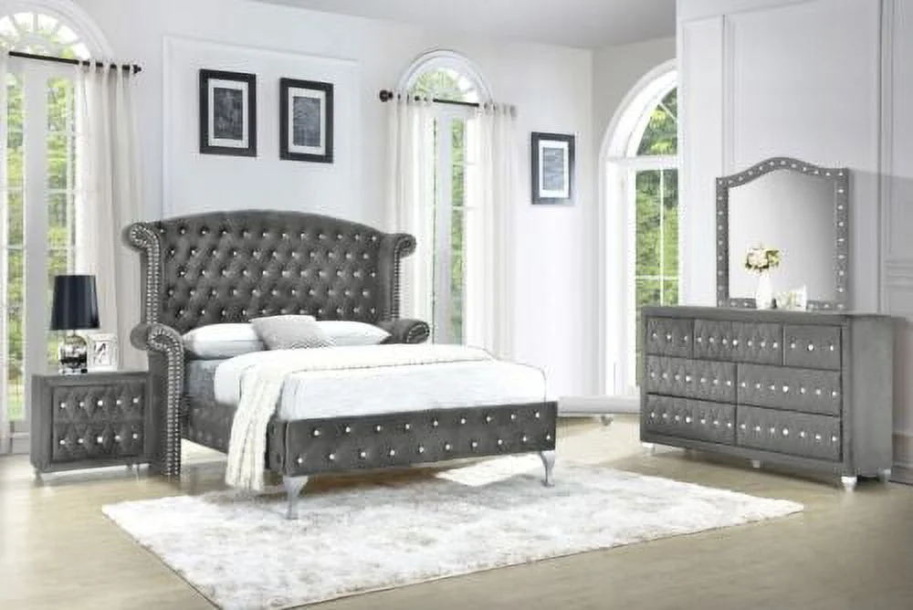 Modern 4Pc King Size Bed Dresser Mirror Nightstand Set Master Bedroom Furniture Gray Velvet