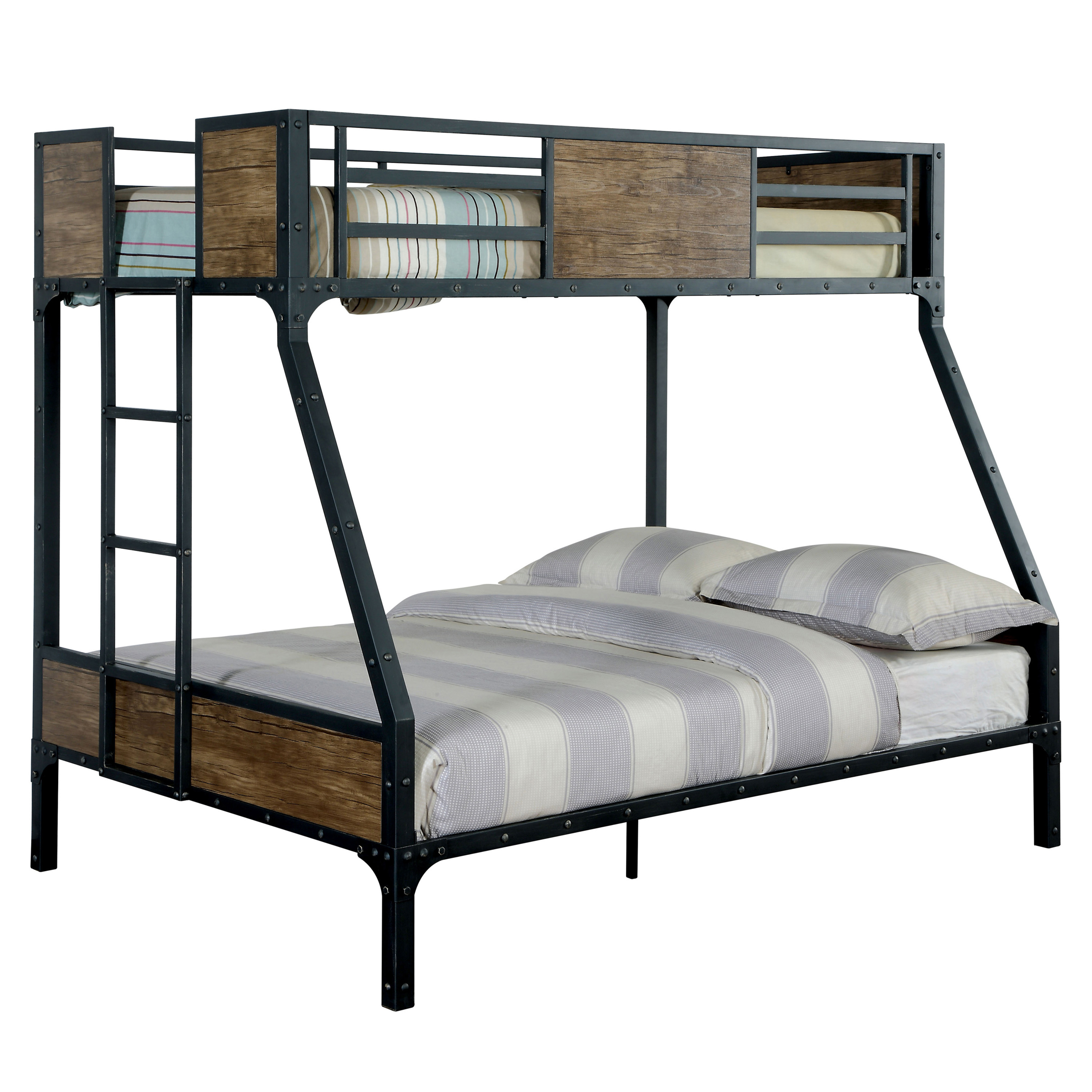 Furniture of America Baron Twin over Full Bunk Bed in Black Metal and Brown Wood Finish