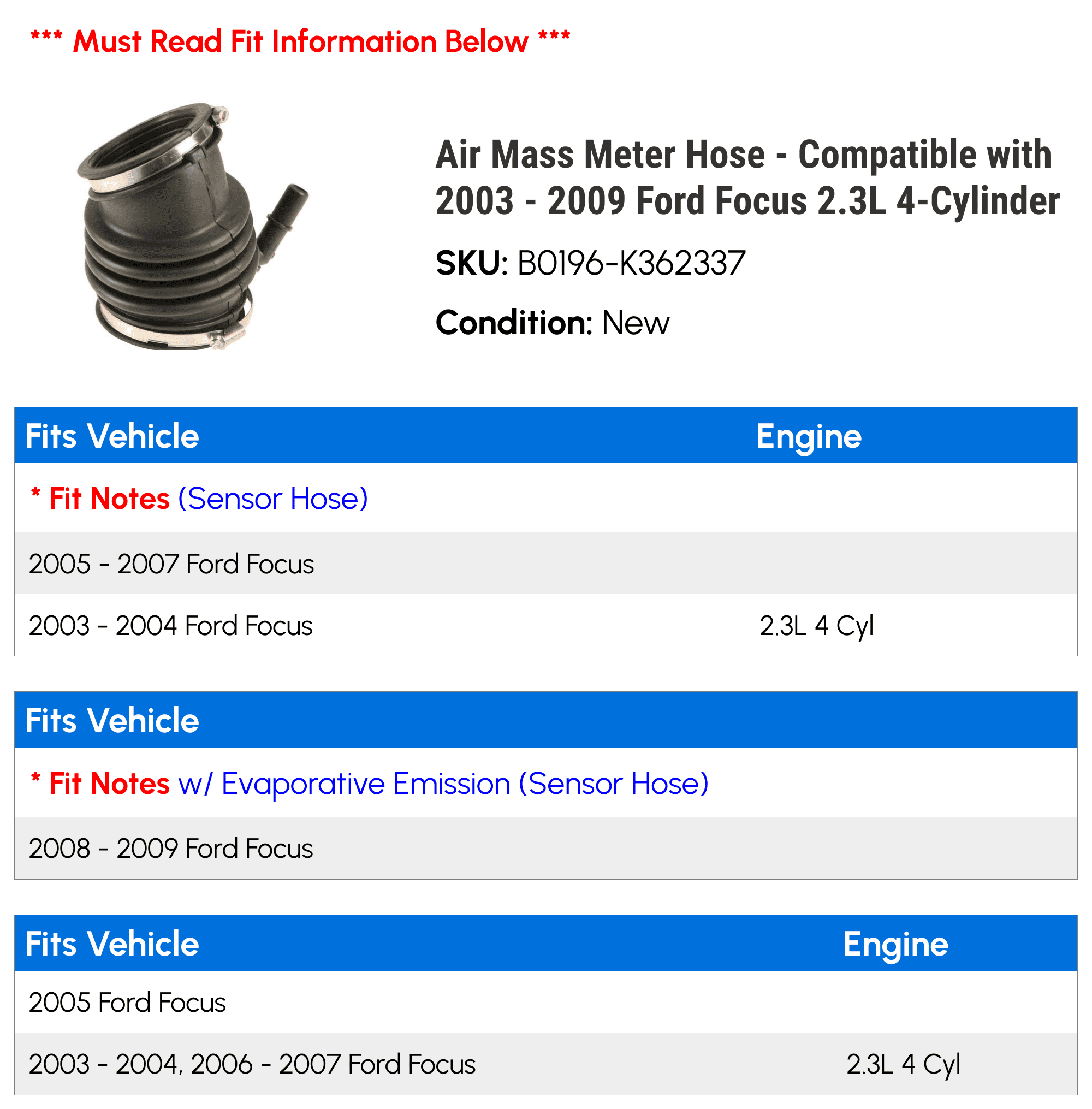 Air Mass Meter Hose - Compatible with 2003 - 2009 Ford Focus 2.3L 4-Cylinder 2004 2005 2006 2007 2008