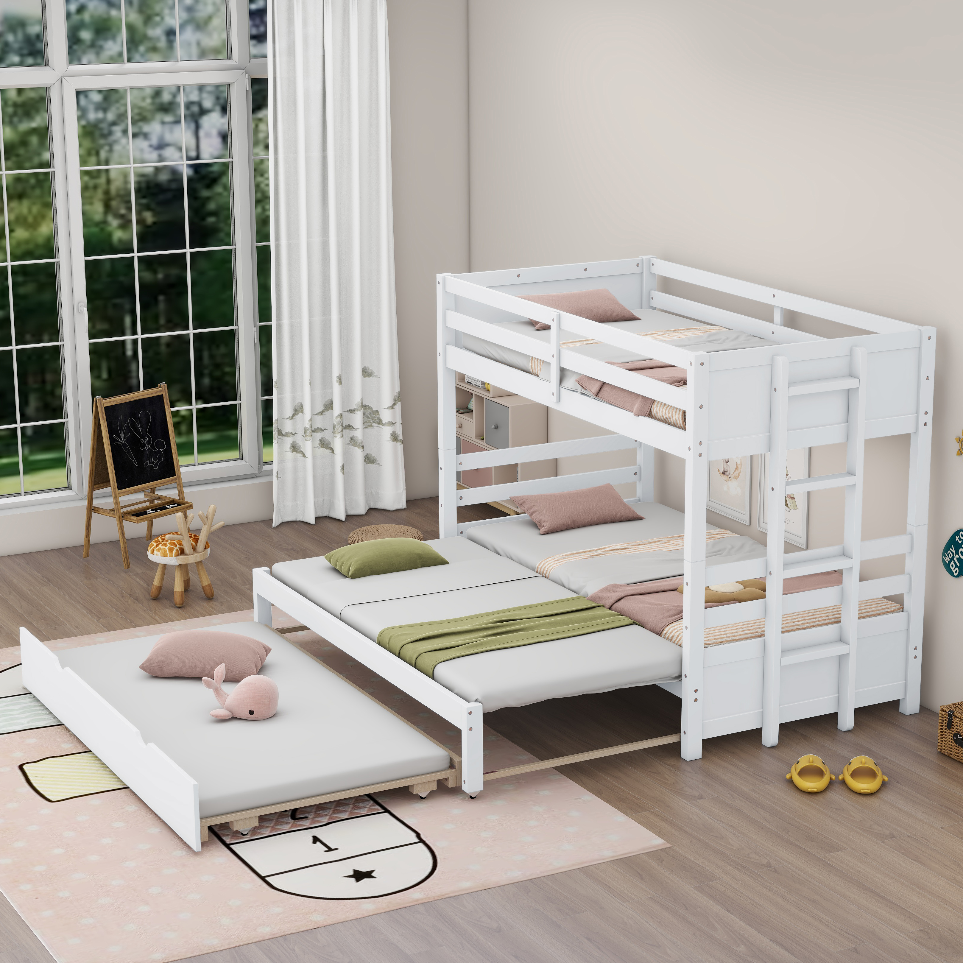 Suitable for kids Twin over Pull-out Bunk Bed with Trundle, White