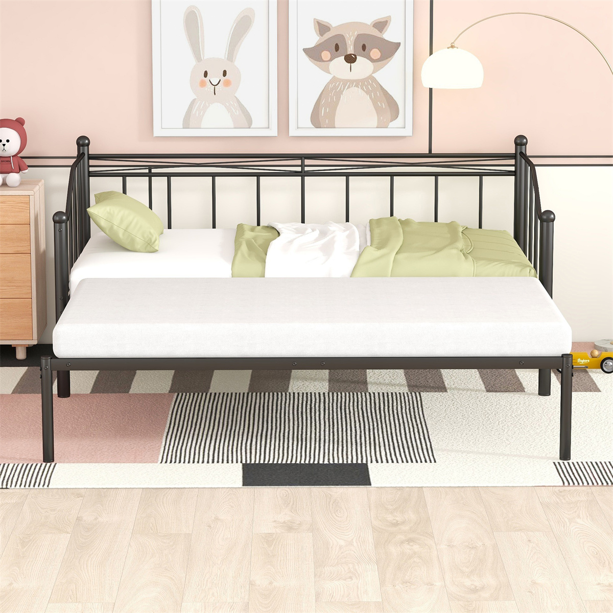Metal Twin Size Platform Bed with Trundle, Twin Bed Frame, Modern Daybed for Kids Teens Adults, No Box Spring Needed