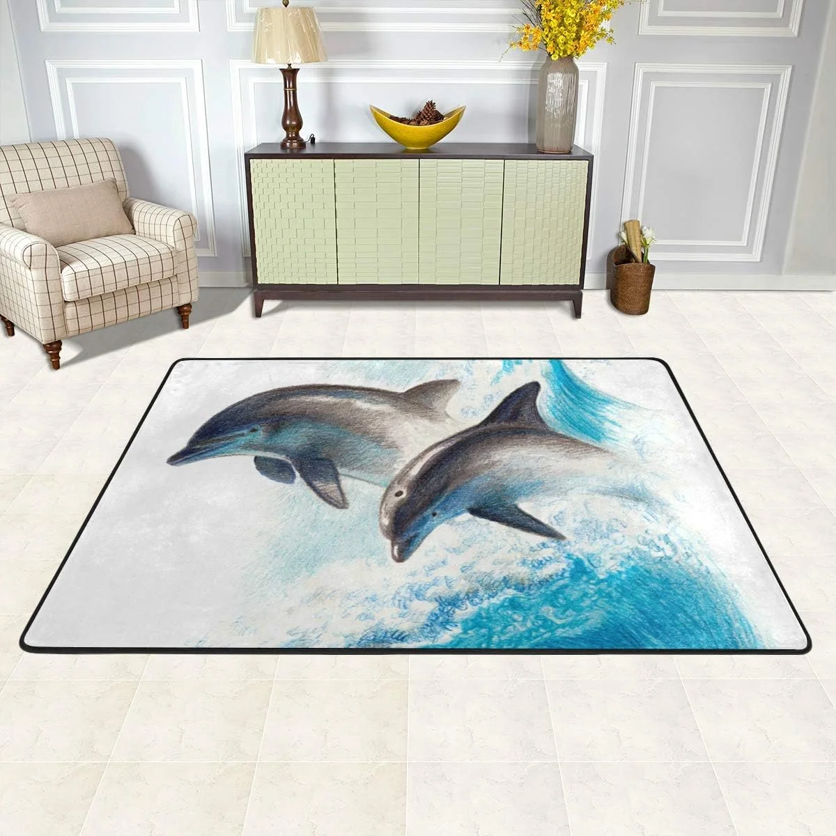 FREEAM Jumping Dolphin Non Slip Area Rug for Living Dinning Room Bedroom Kitchen, 2' x 3'(24 x 36 Inch / 60 x 90 cm), Watercolor Dolphin Nursery Rug Floor Carpet