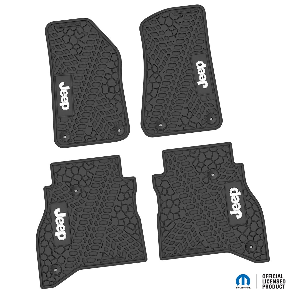 Jeep Floor Mats 20-24 Jeep Gladiator 4 Piece Tire Tread/Scorched Earth Scene w/ Jeep Insert - Black w/ White Insert FlexTread