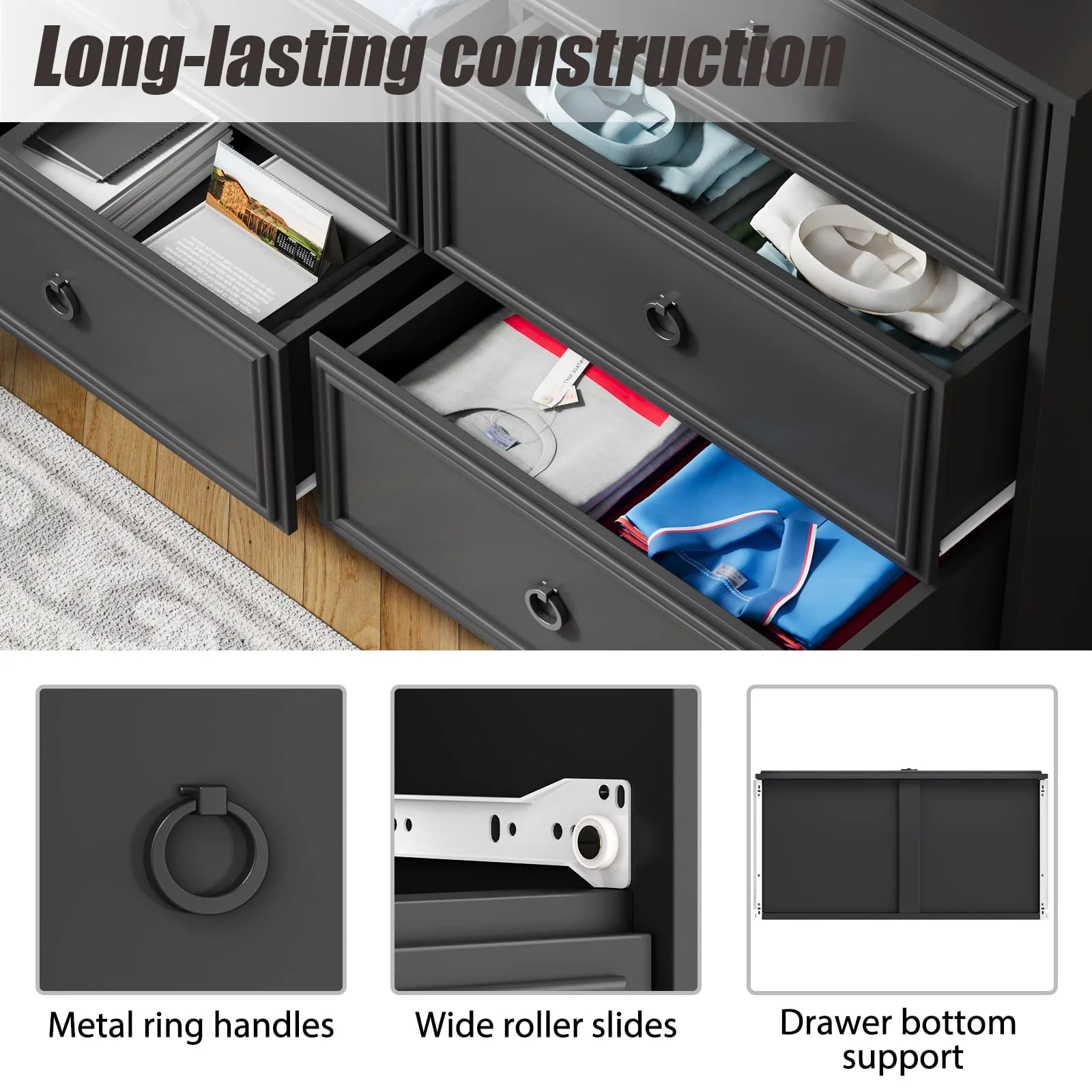 6 Drawer Dresser Black, Chest of Drawers for Bedroom, Modern Farmhouse Wood Storage Cabinet for Living Room