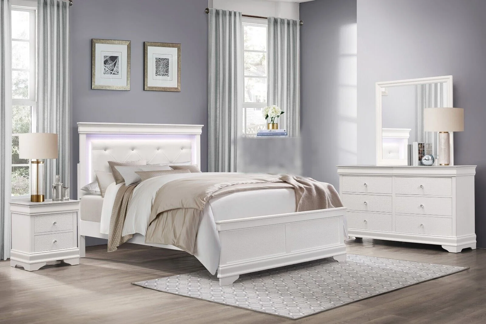 Glamorous Style White Finish 4pc Modern Bedroom Set Queen Bed LED Light Headboard Textural Panels Nightstands Dresser Mirror