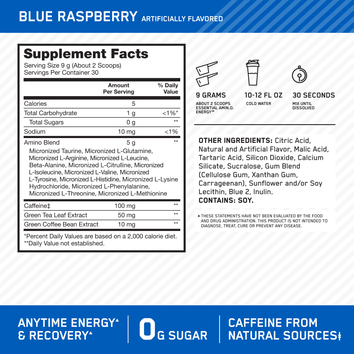 Optimum Nutrition, Essential Amino Energy, Blue Raspberry, 9.5 oz, 30 Servings