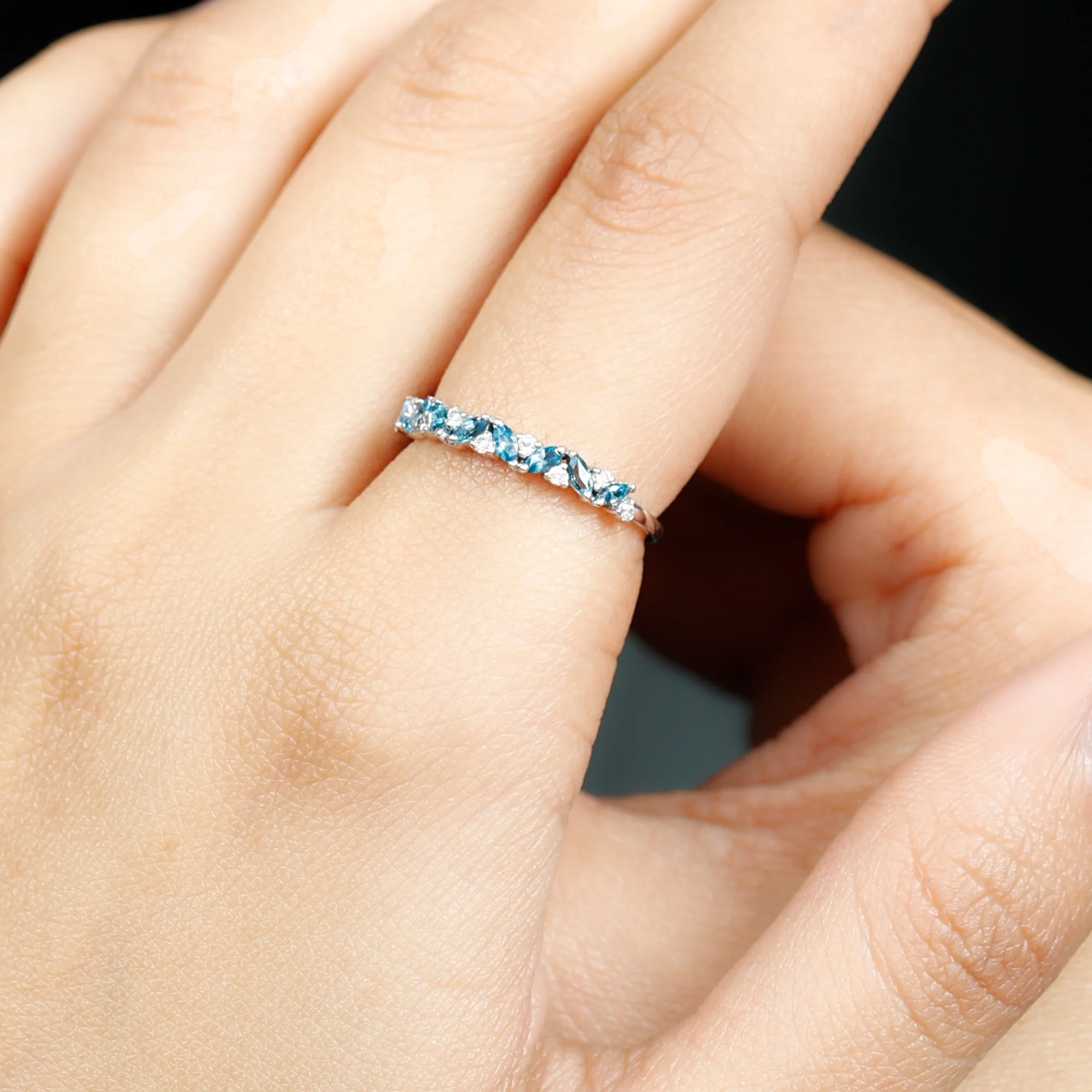 London Blue Topaz and Diamond Eternity Ring, Marquise Topaz Semi Eternity Ring, Diamond Stackable Ring, 925 Sterling Silver, US 4.00