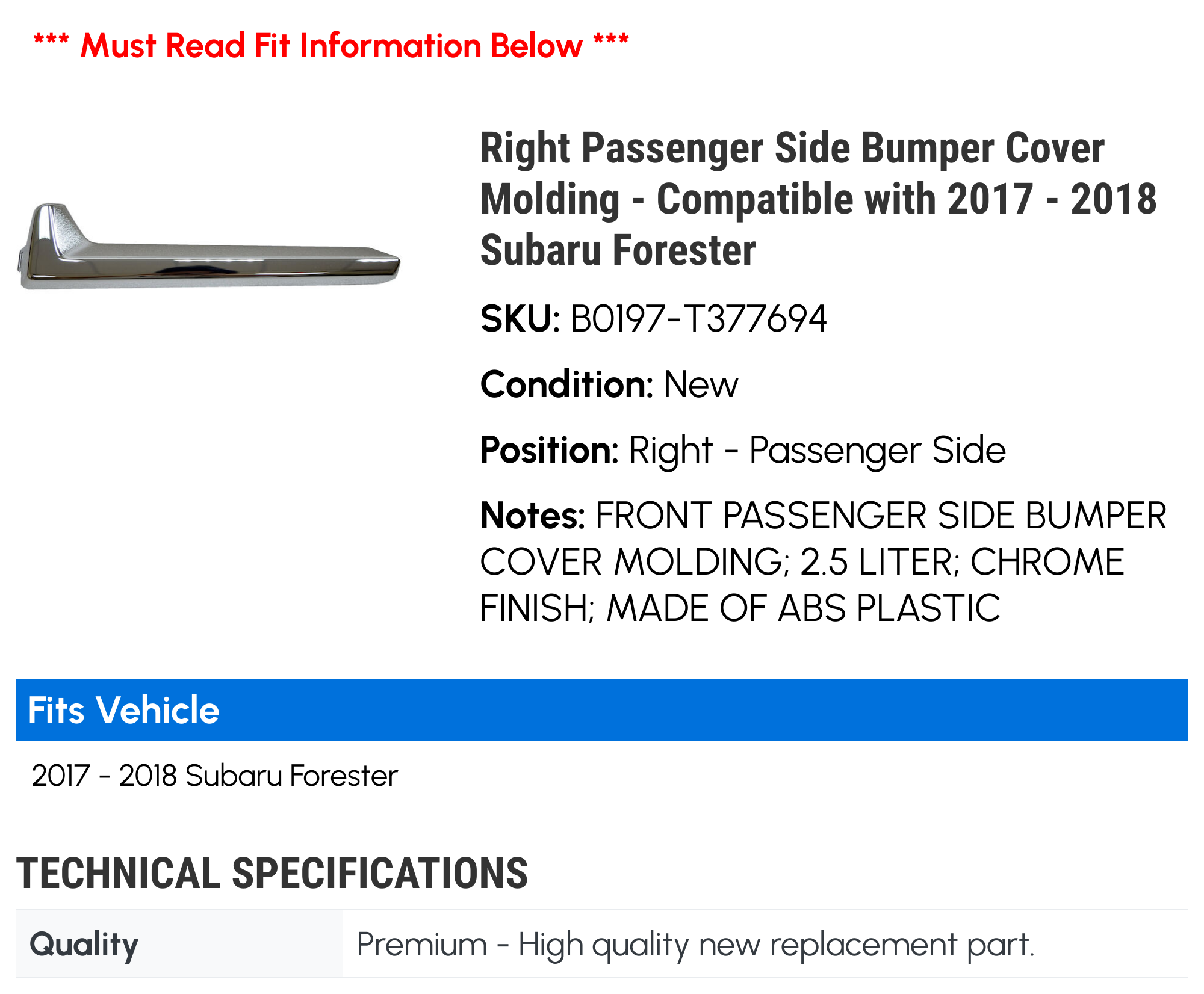 Right Passenger Side Bumper Cover Molding - Compatible with 2017 - 2018 Subaru Forester