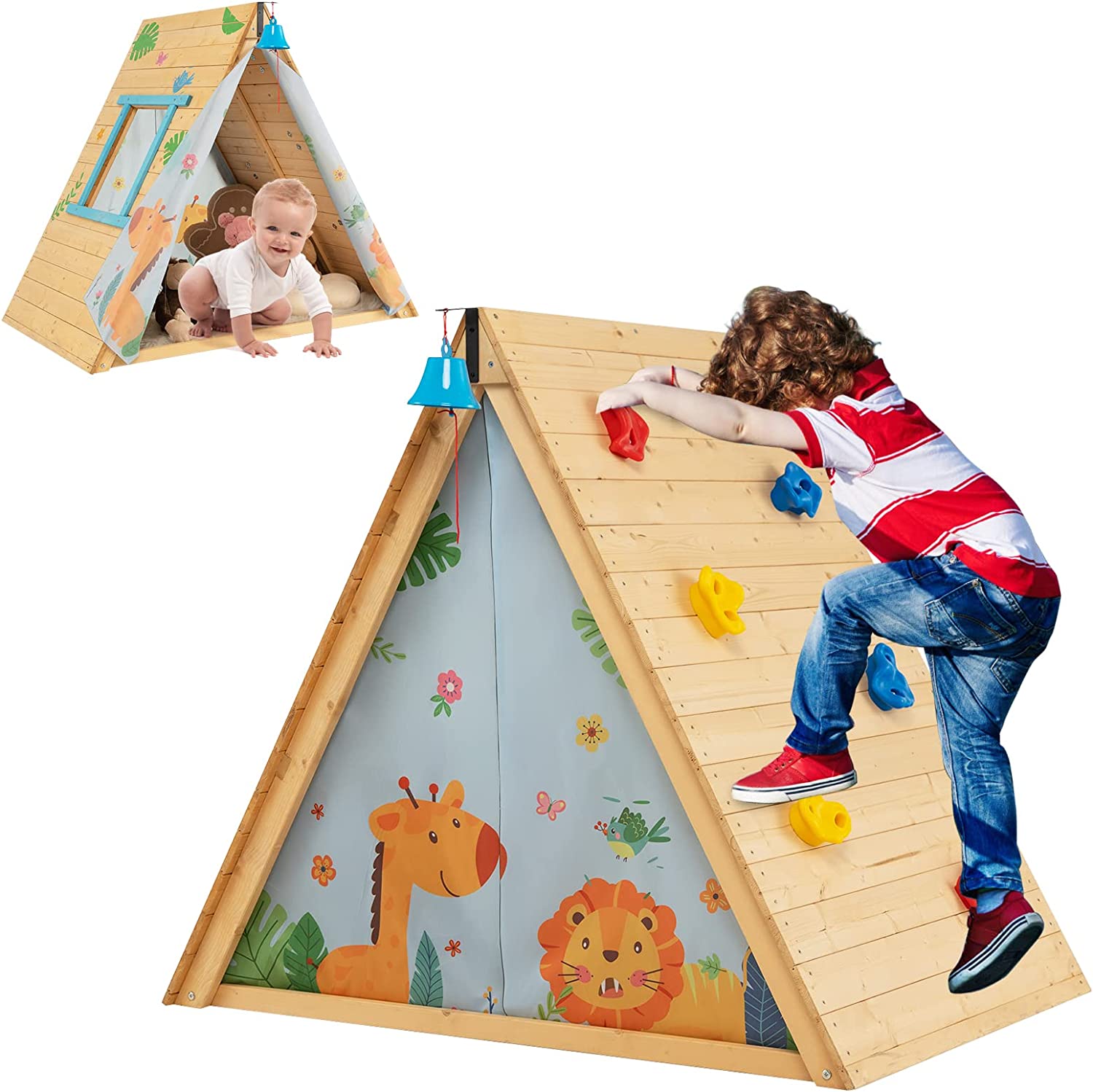 Triangle Climber with Tent, Kids Hideaway Play Tent & Rock Wall Climbing, Waterproof Tent Cover for Indoor Outdoor, Ring Bell, Wooden Climbing Triangle Crawling Tunnel Toy for Toddlers