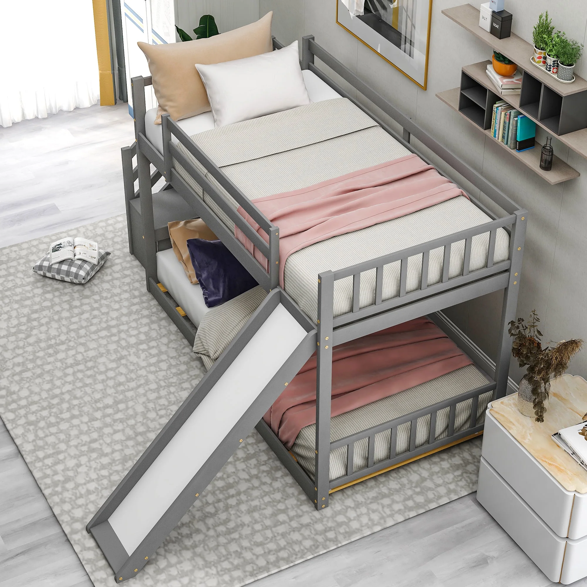 Nestfair Gray Twin over Twin Bunk Bed with Convertible Slide and Stairway