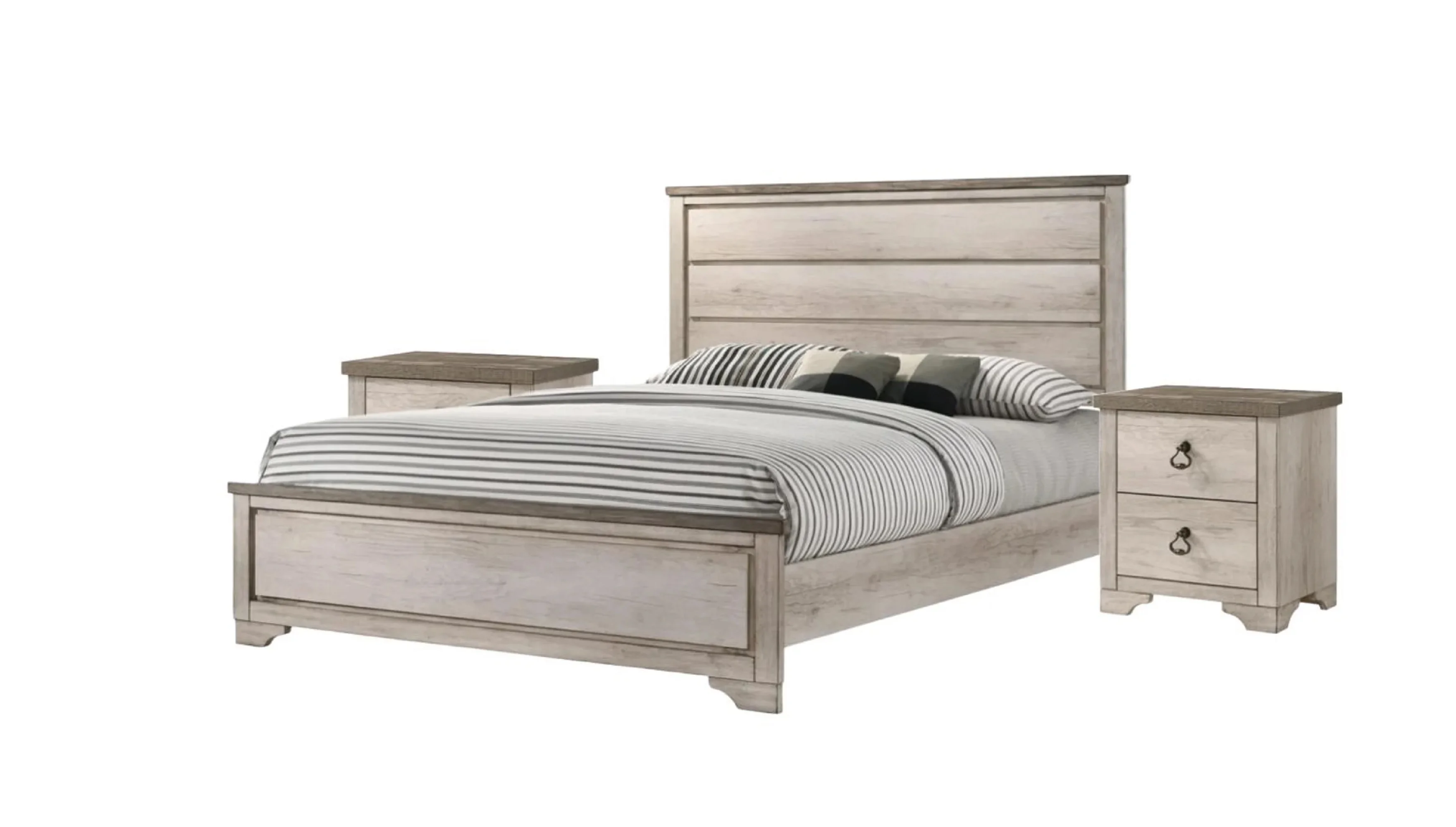 Rustic Style 3pc Panel King Size Bed and 2x Nightstands Set Beige Finish Wooden Bedroom Furniture