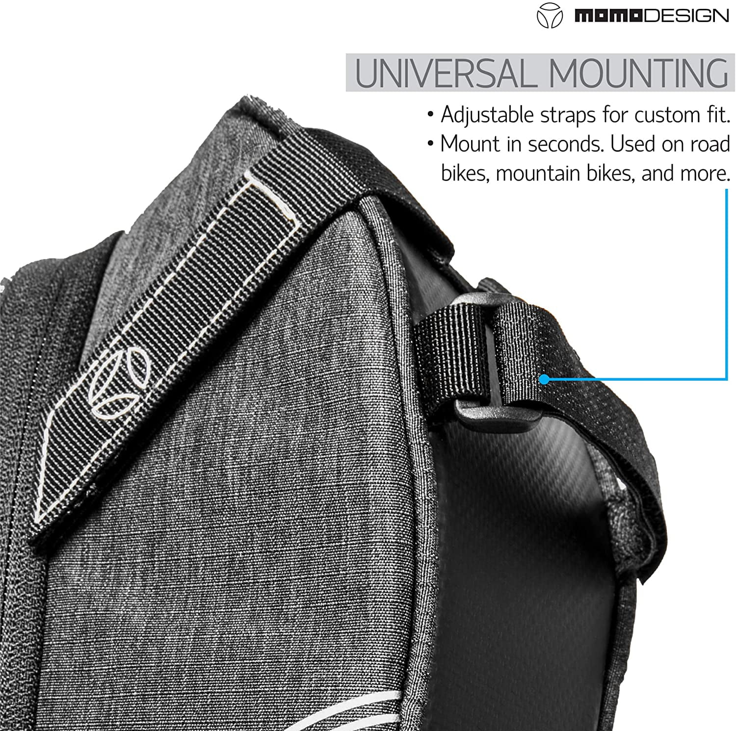 MOMODESIGN Bike • Saddle Bag with Bottle Holder & Light • Universal Mounting • Bag Weather Safe & Water Resistant • Reflective Design • Bottle Holder • Capacity of 1.8 L