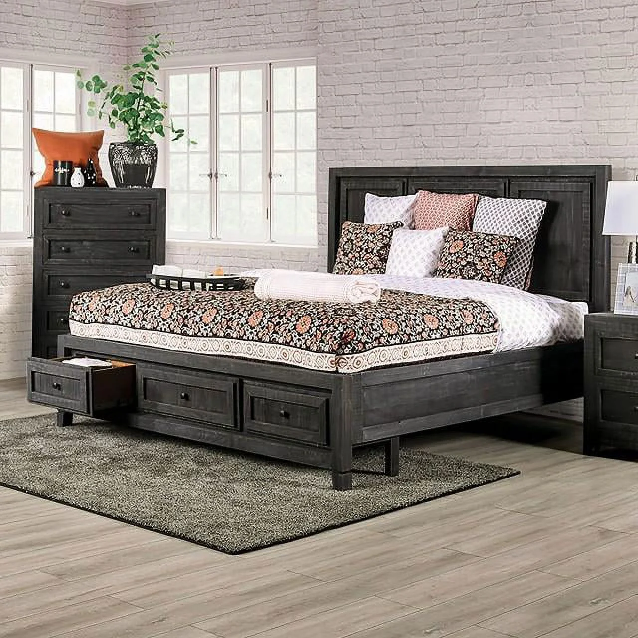Rustic Charcoal Solid Wood King Bedroom Set 5pcs FOA EM7074DG Oakridge