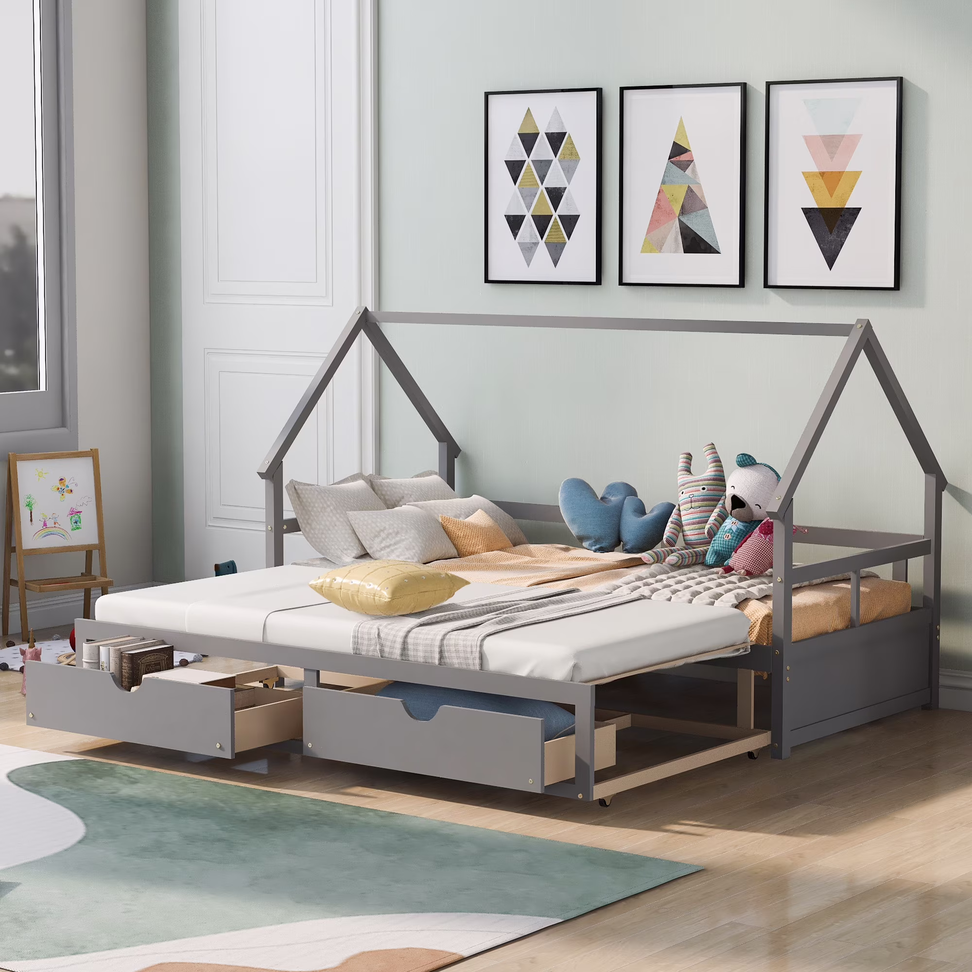 Nestfair Gray Twin Size Extending Wooden Daybed with Two Drawers
