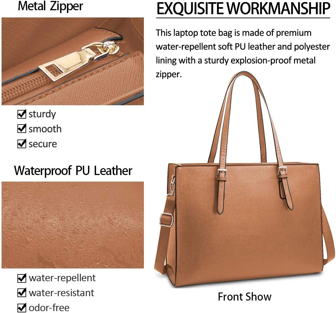 Laptop Bag for Women Waterproof Lightweight Leather 15.6 Inch Computer Tote Bag Business Office Briefcase Large Capacity Handbag Shoulder Bag Professional Office Work Bag Brown