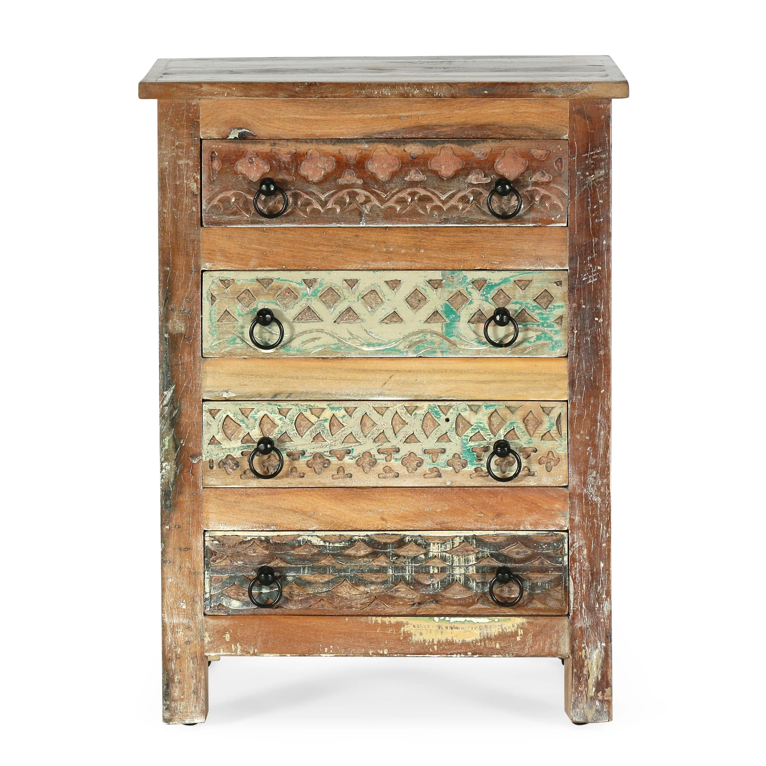 Nita Boho Handcrafted Wooden 4 Drawer Chest, Antique White