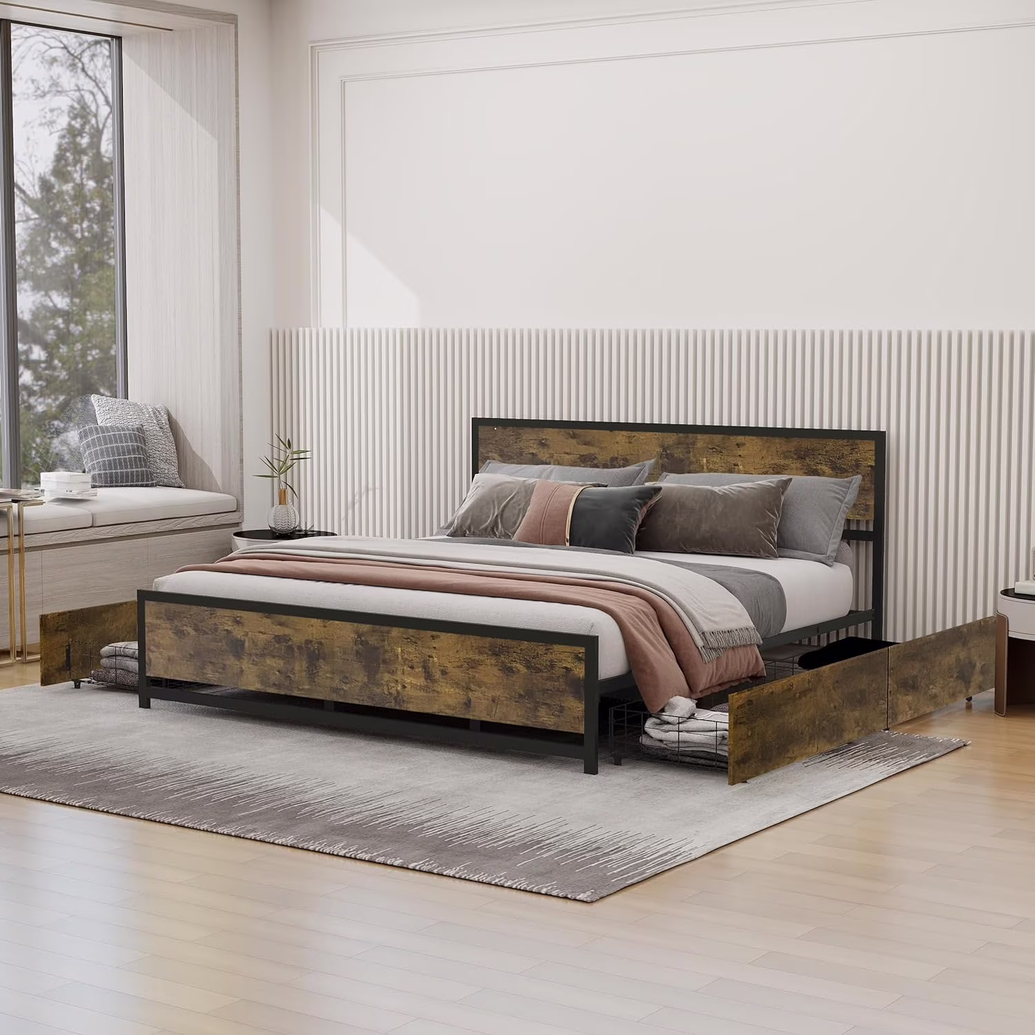 NNV King Size Metal Platform Bed Frame with 4 Drawers for Adults, Wooden Headboard, Rustic Brown